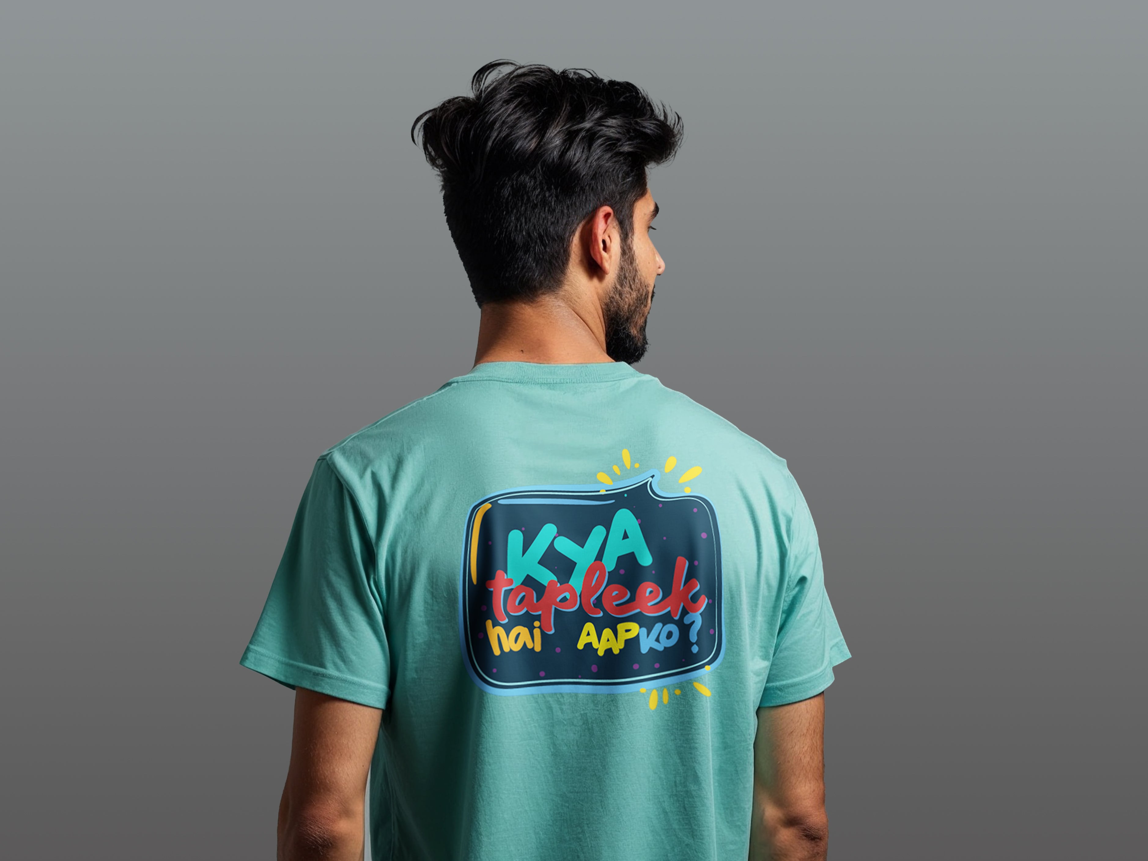 TMKOC Regular Fit Back Printed T-Shirts Aqua Green KYA TAPLEEK HAI AAPKO