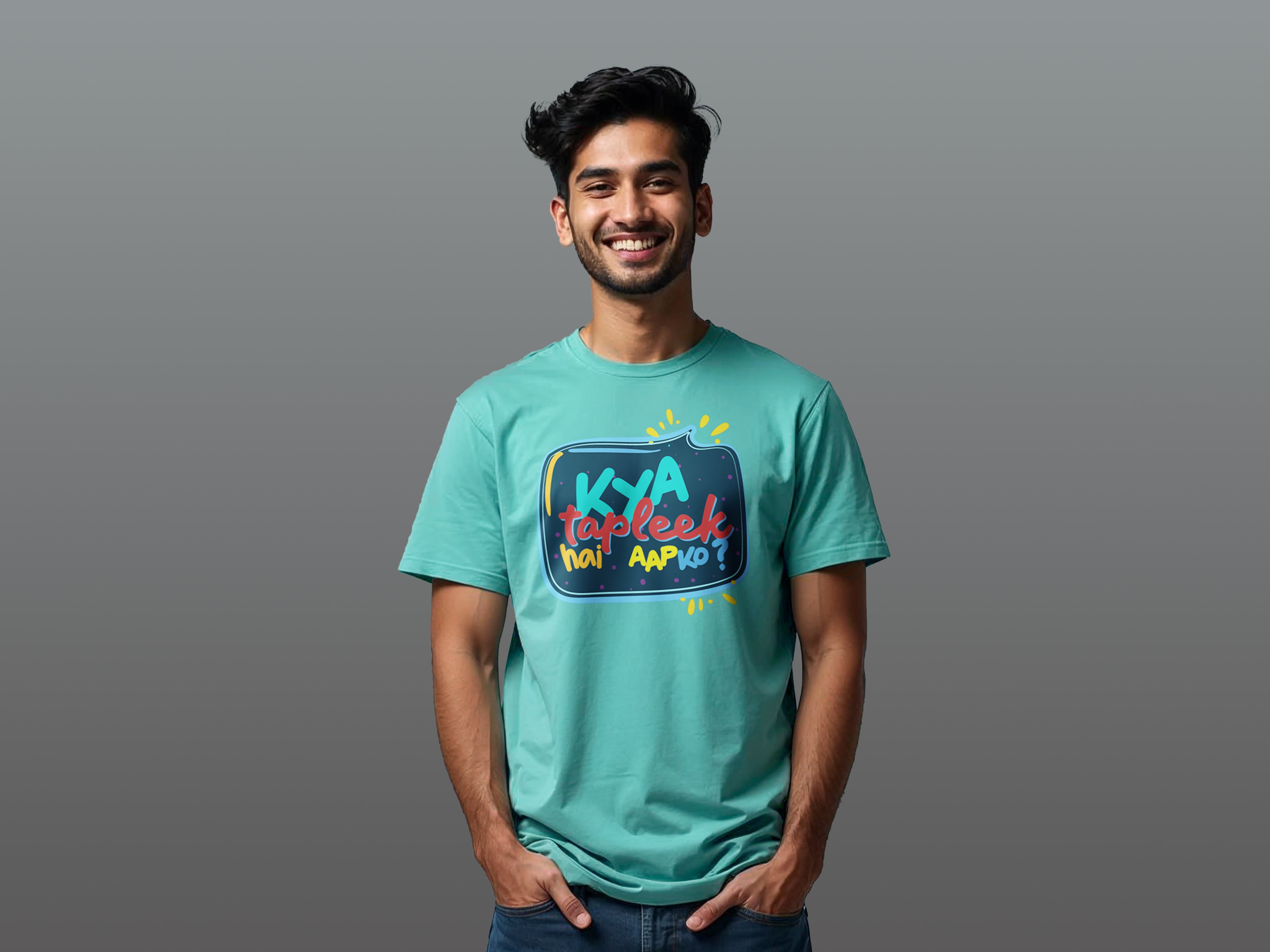 TMKOC Aqua Green Front Printed Regular Fit T-Shirts KYA TAPLEEK HAI AAPKO