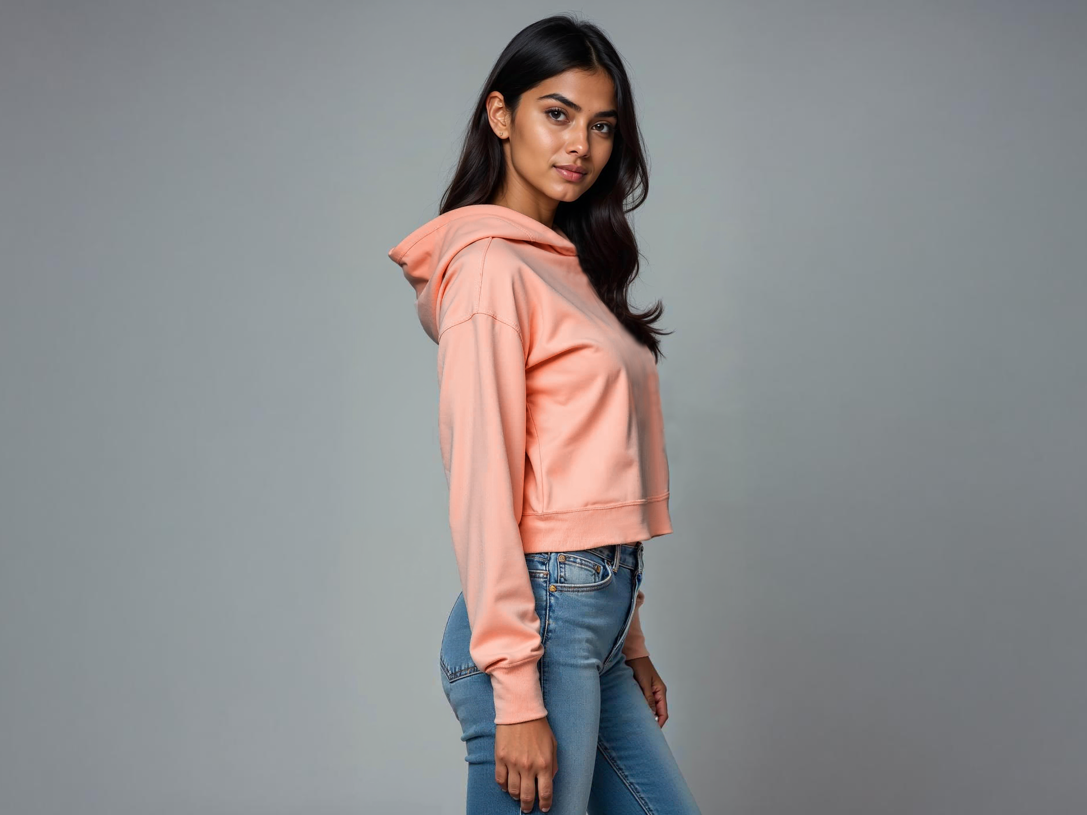 TMKOC Peach Printed Cropped Oversized Hoodies for Women