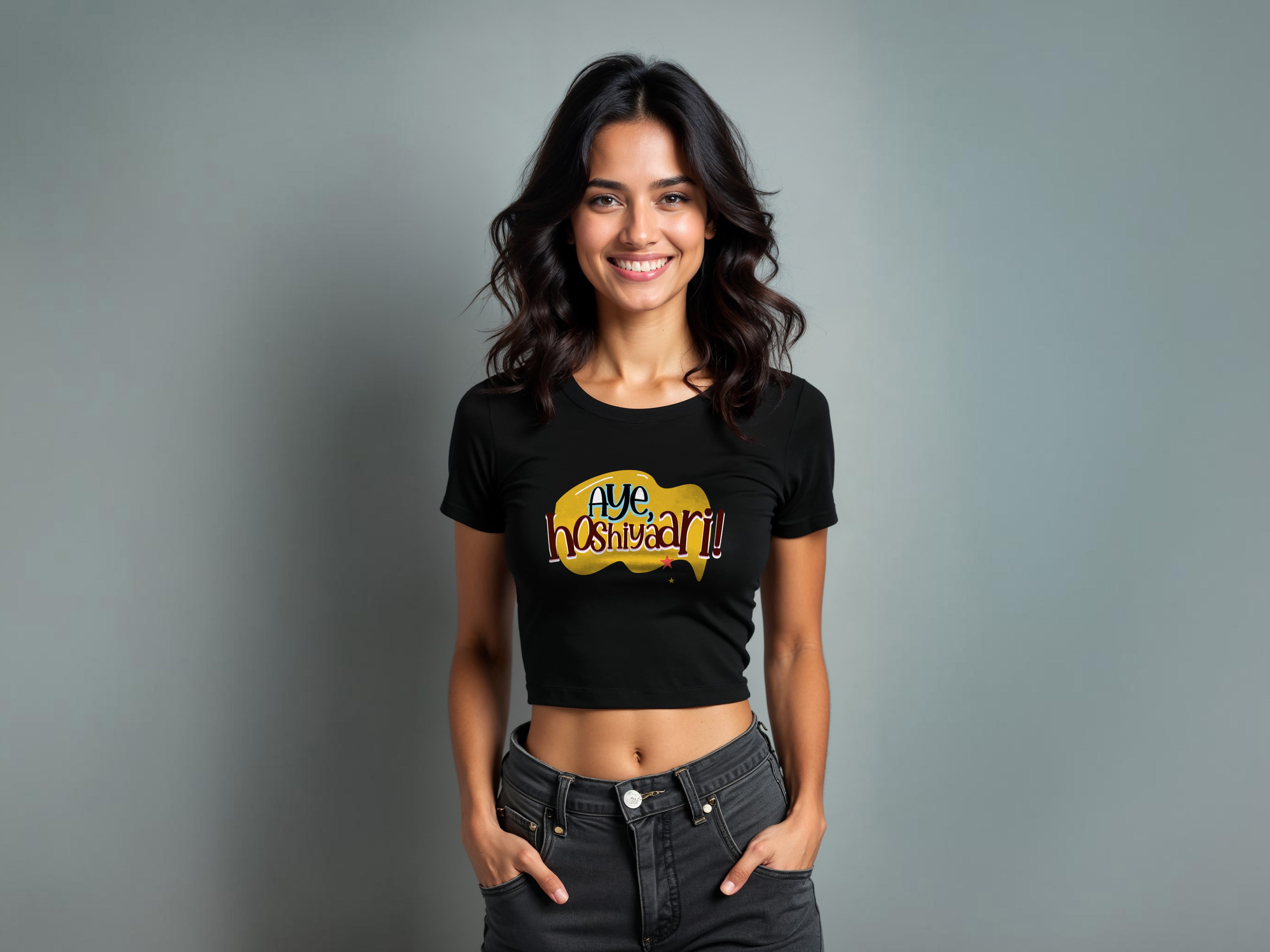 TMKOC Printed Slim/Body Fit Black Crop Top AYE HOSHIYAARI