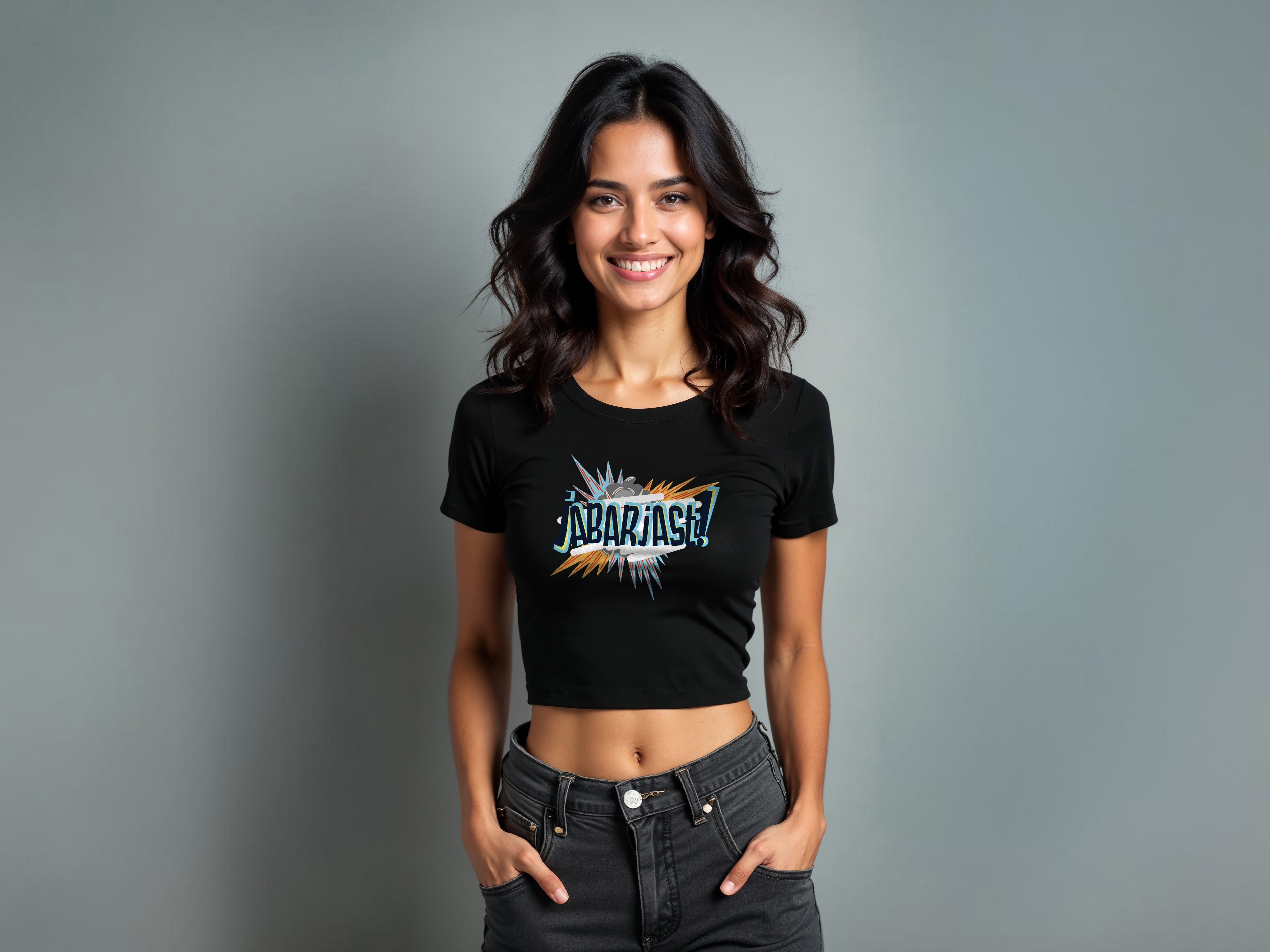 TMKOC Printed Slim/Body Fit Black Crop Top JABARJAST