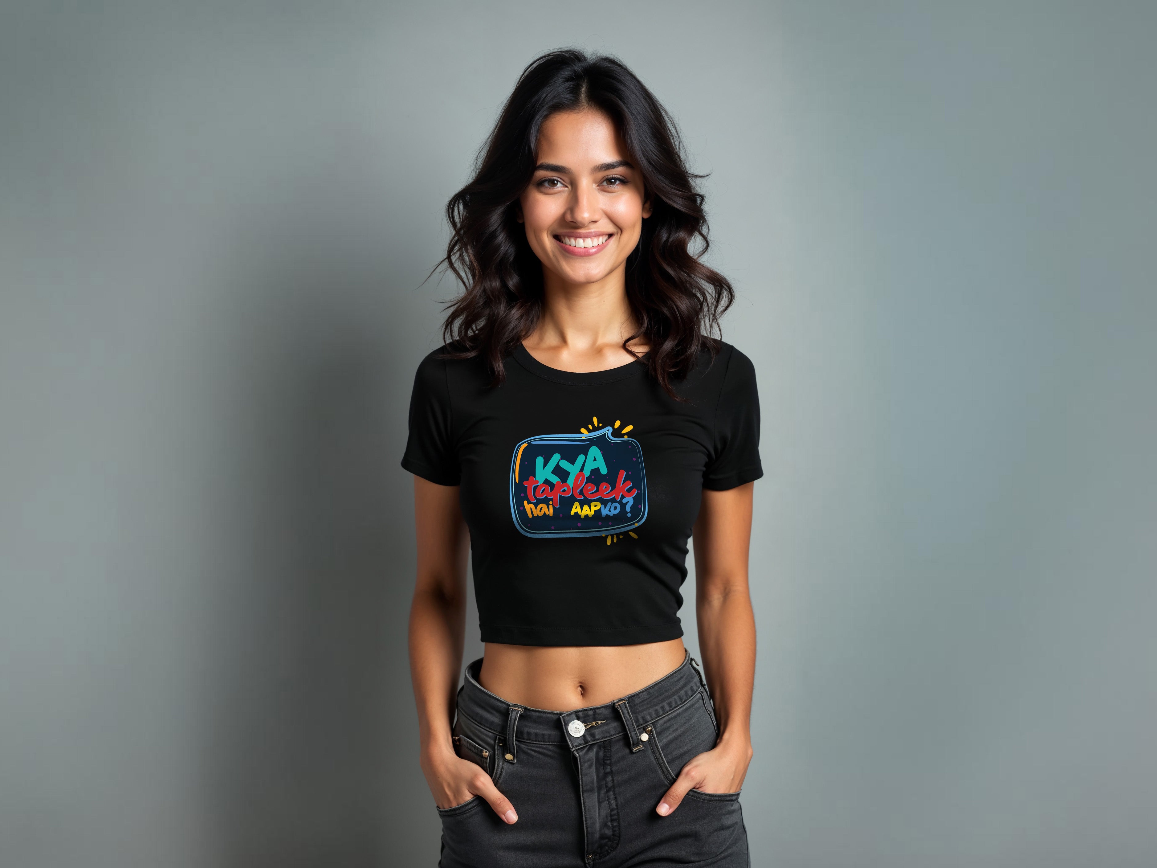 TMKOC Printed Slim/Body Fit Black Crop Top KYA TAPLEEK HAI AAP KO