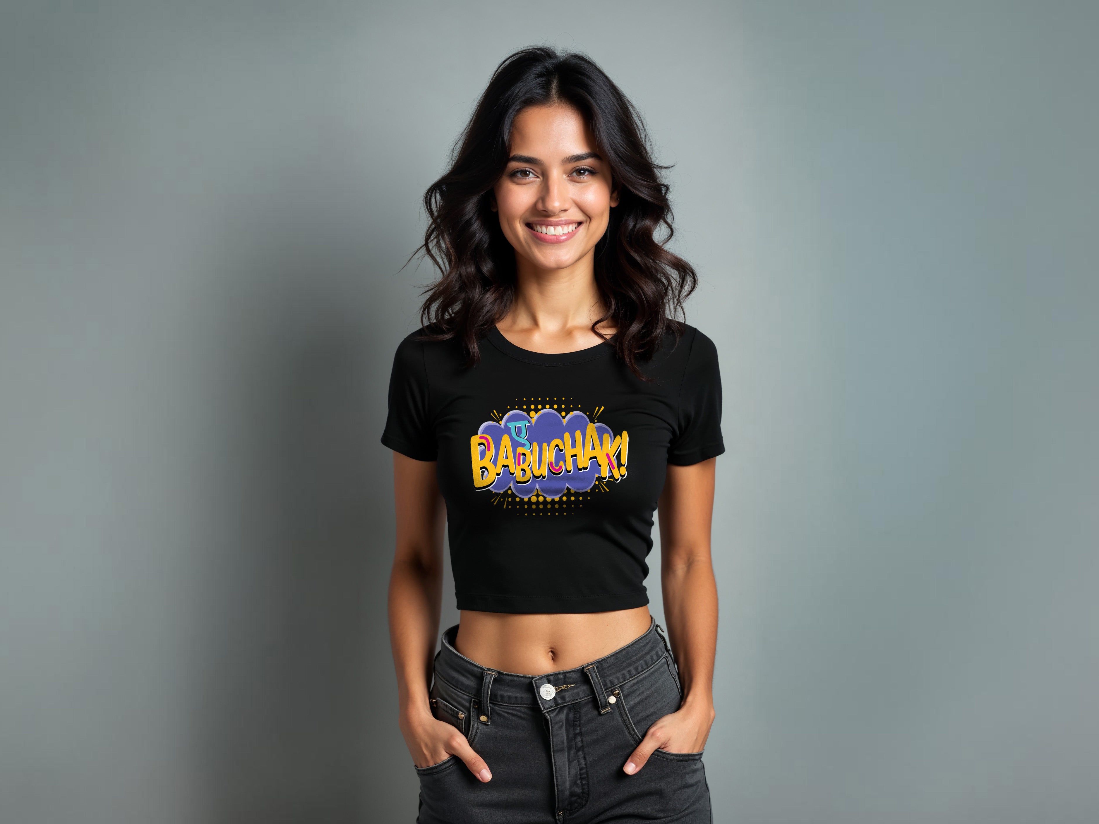 TMKOC Printed Slim/Body Fit Black Crop Top AYE BABUCHAK