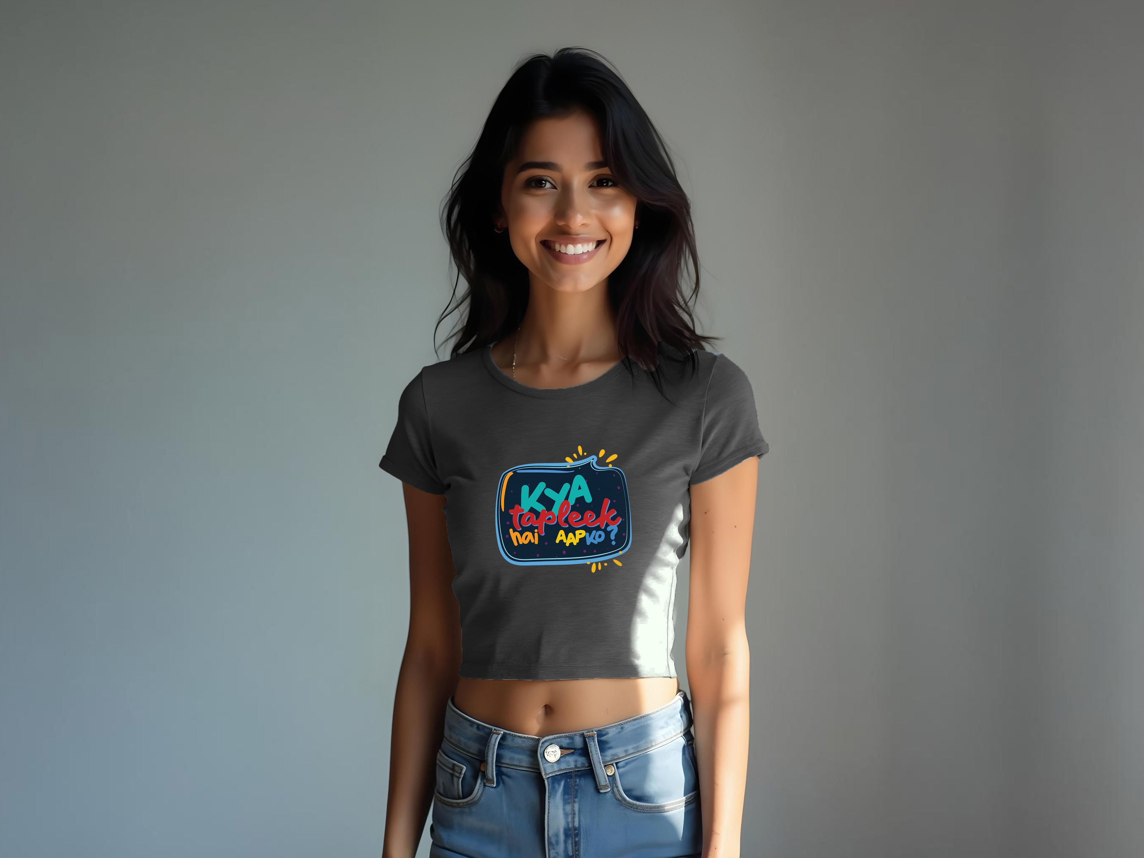 TMKOC Printed Slim/Body Fit Grey Crop Top KYA TAPLEEK HAI AAPKO