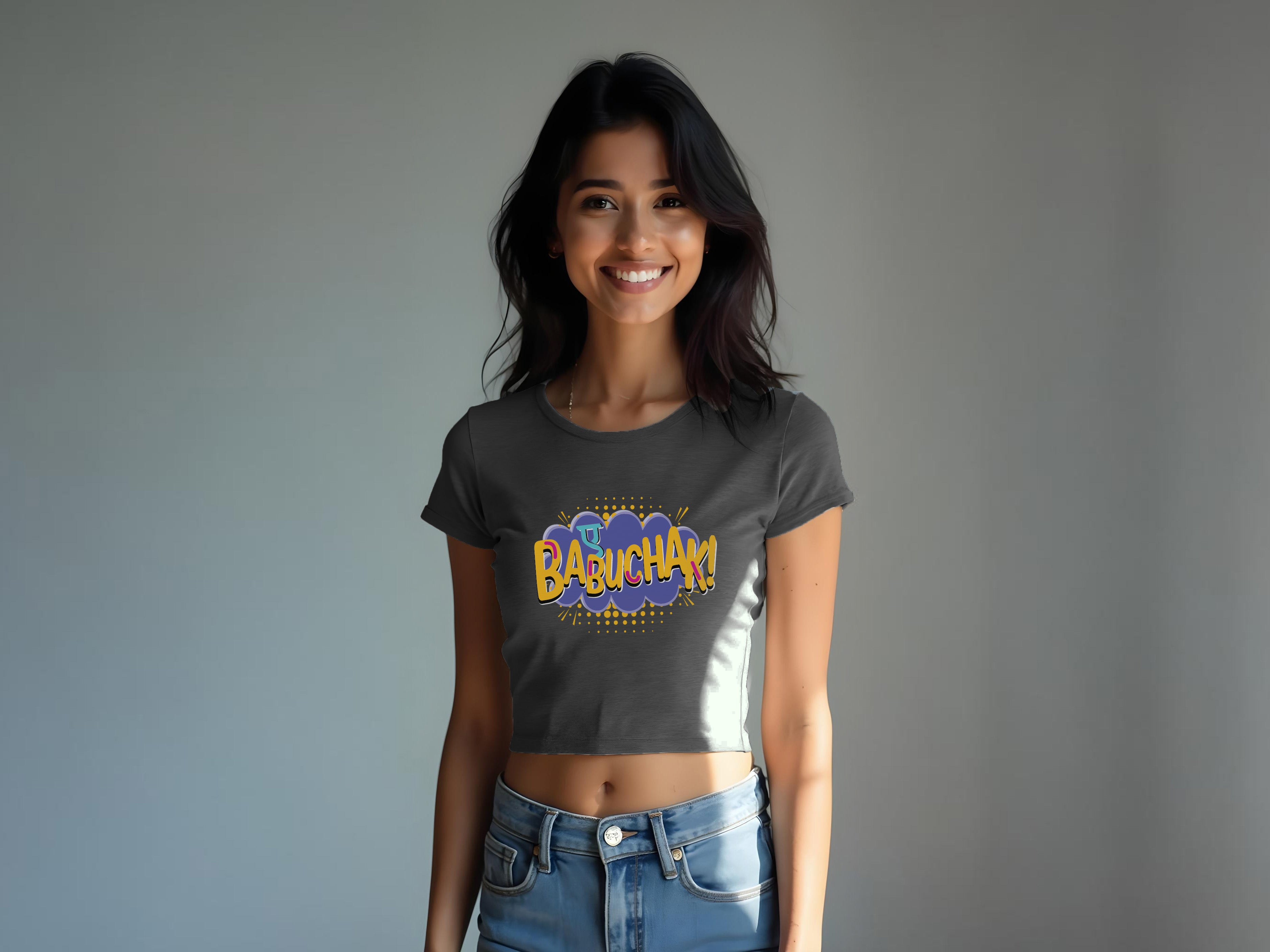 TMKOC Printed Slim/Body Fit Grey Crop Top AYE BABUCHAK