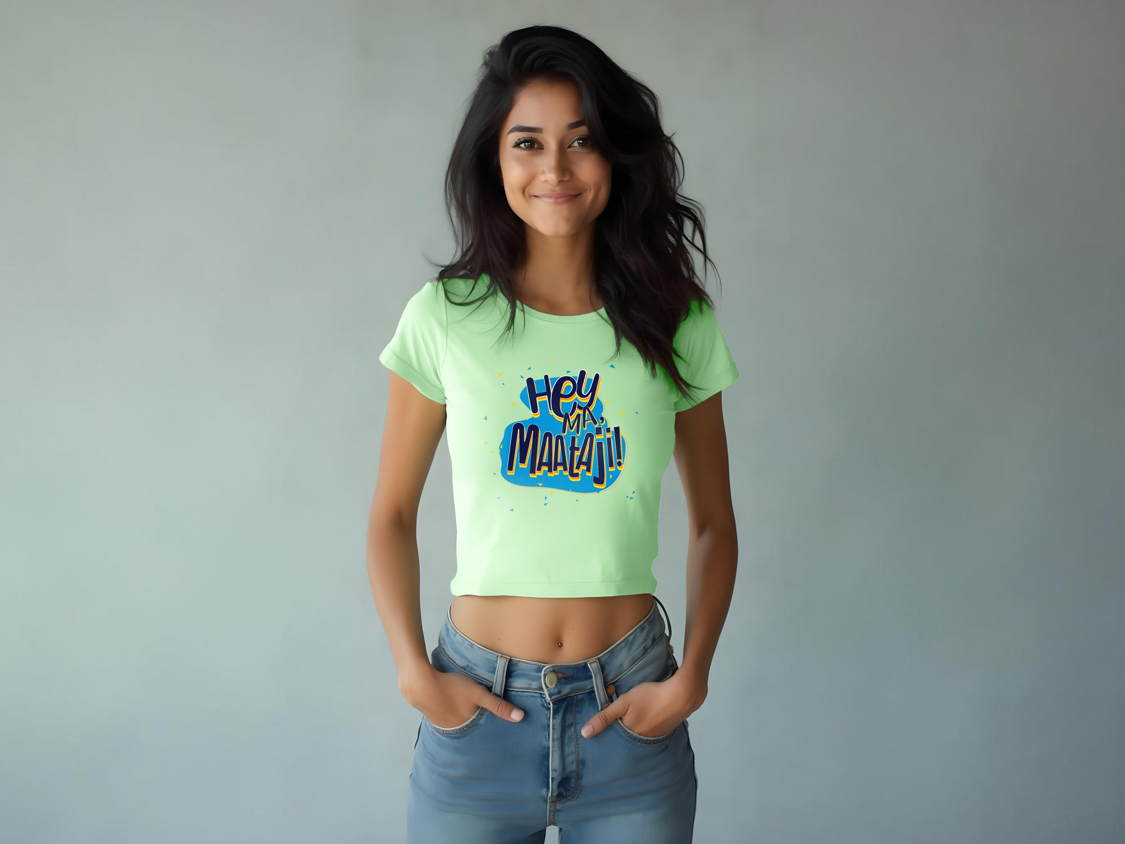 TMKOC Printed Slim Fit Crop Top Pastel Green Color HEY MA MAATAJI