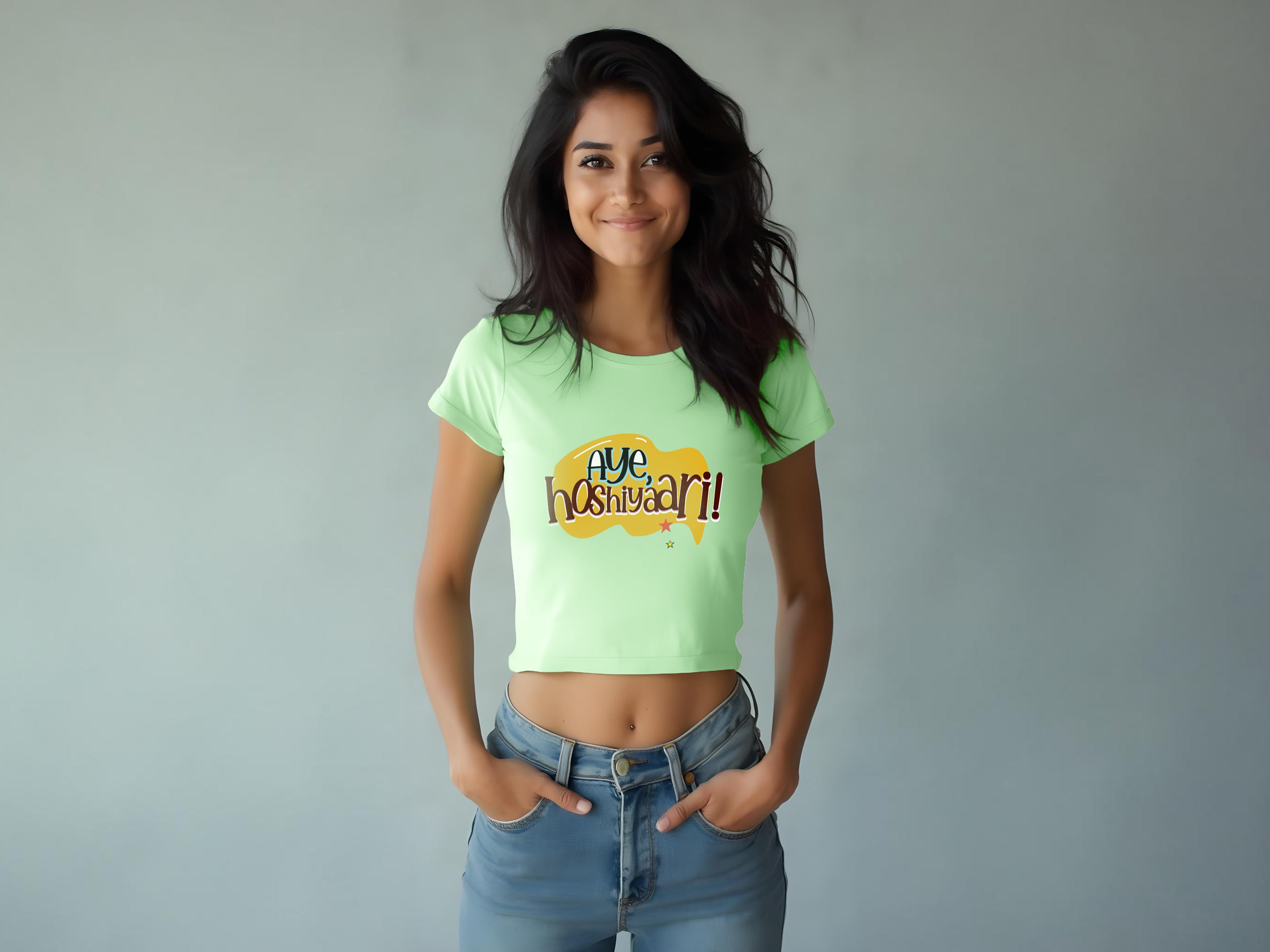 TMKOC Printed Slim Fit Crop Top Pastel Green Color AYE HOSHIYARI