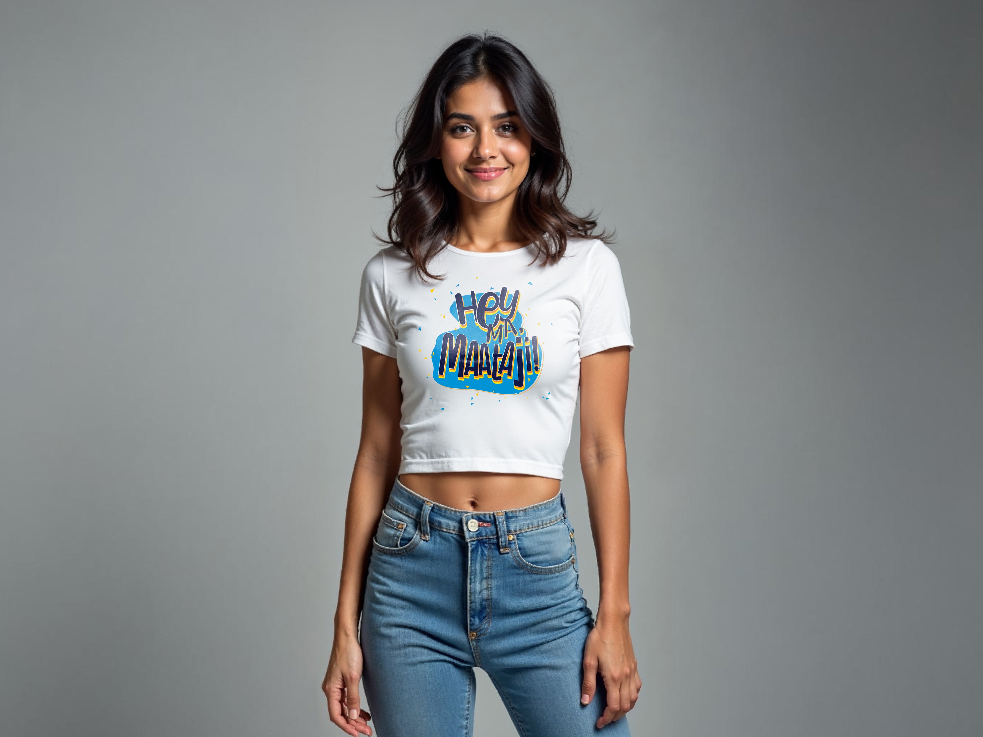 TMKOC White Printed Slim Fit Crop Top HEY MA MAATA JI