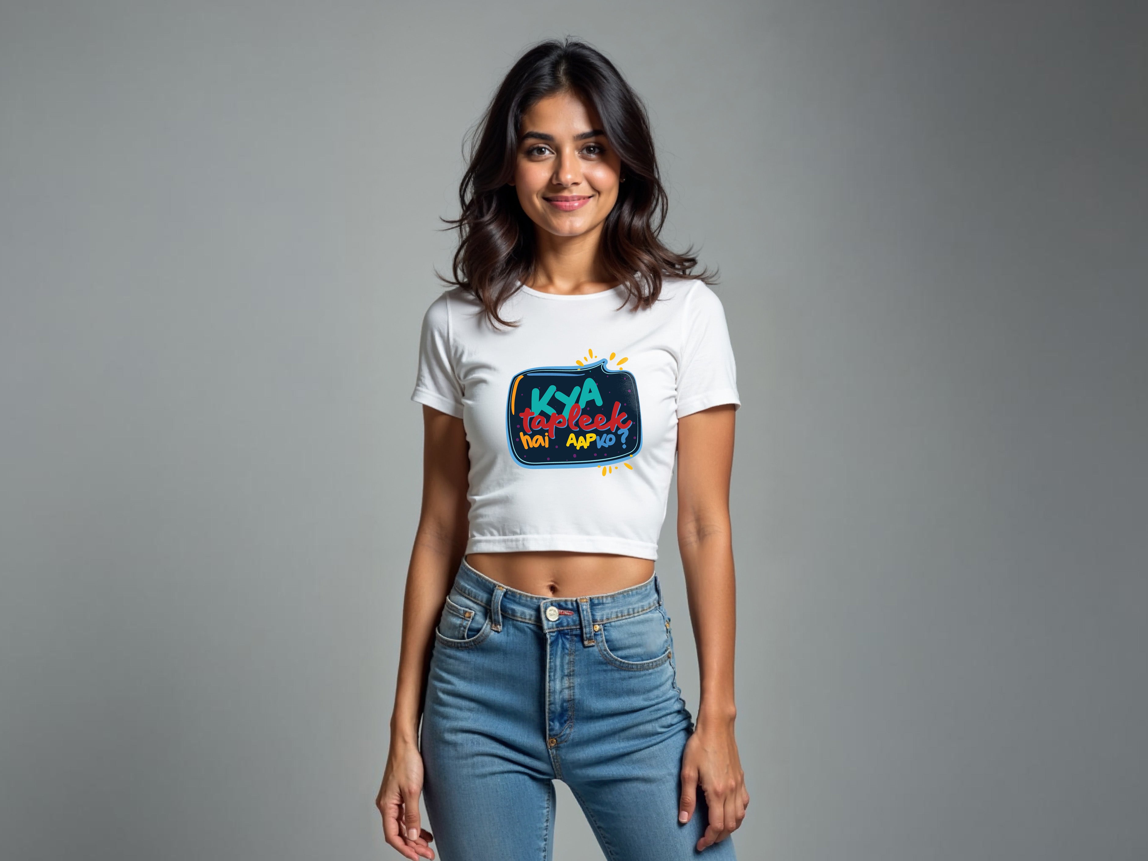 TMKOC White Printed Slim Fit Crop Top KYA TAPLEEK HAI AAPKO