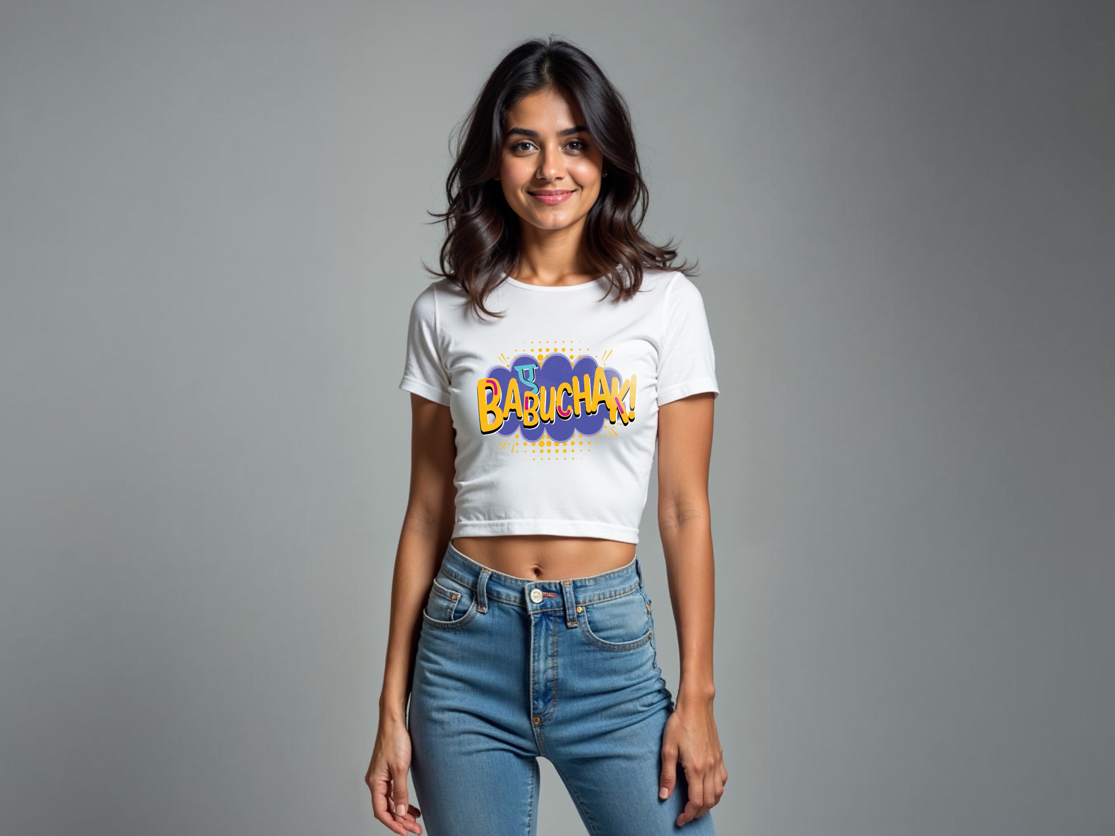 TMKOC White Printed Slim Fit Crop Top AYE BABUCHAK