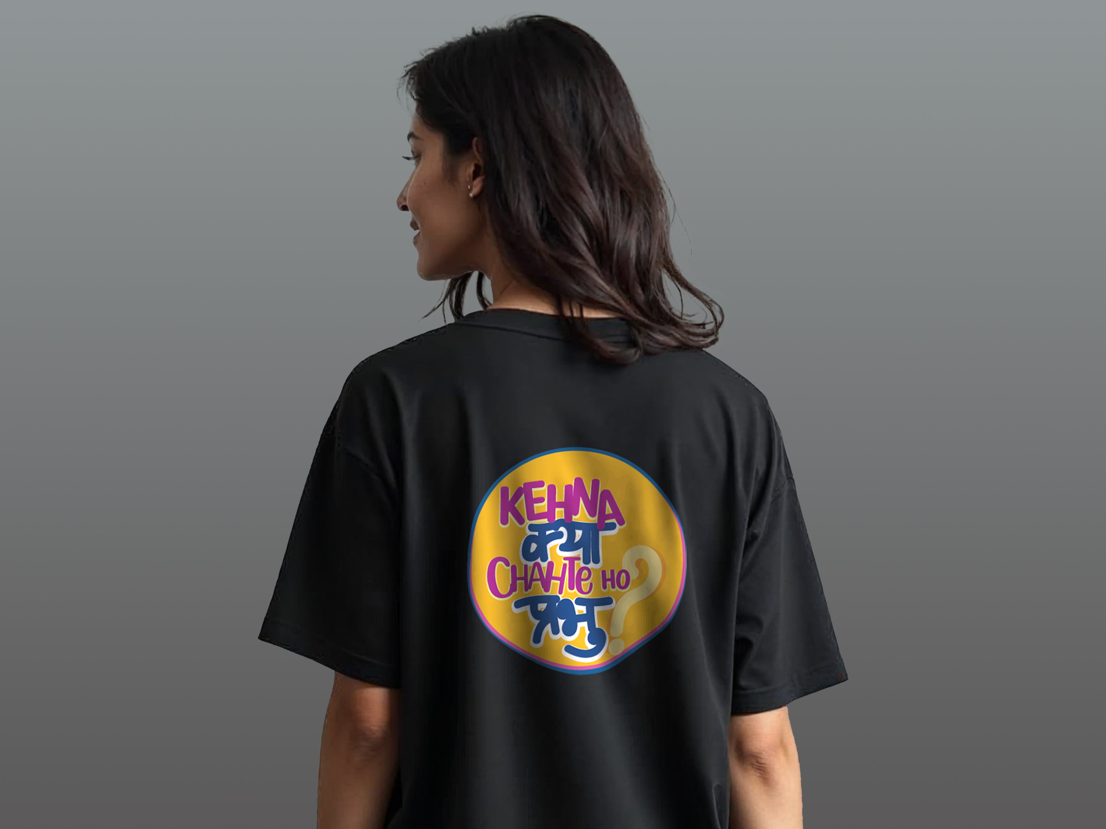 TMKOC Oversized Printed Black T-Shirts For Women KEHNA KYA CHAHTE HO PRABHU