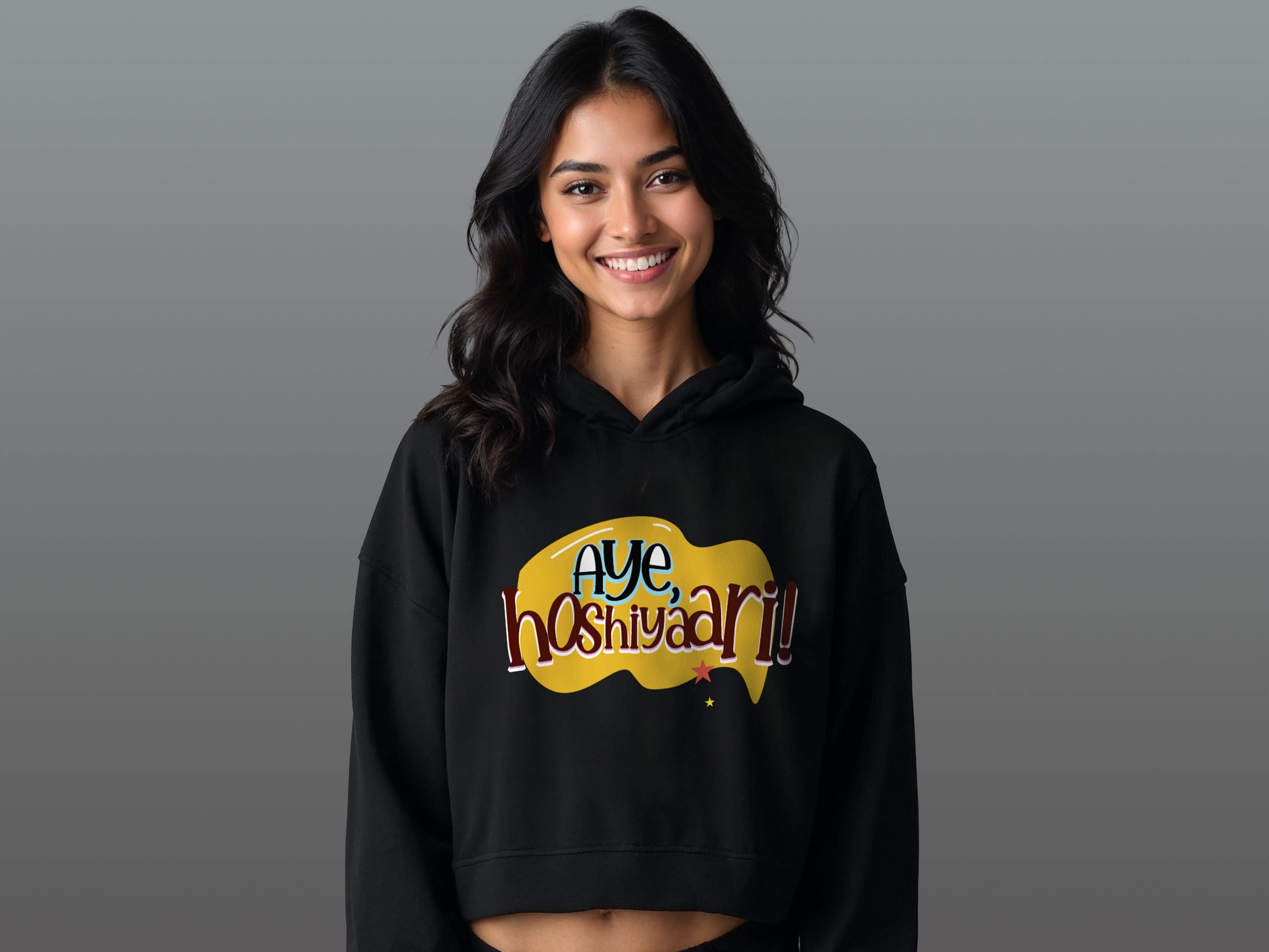 TMKOC Black Printed Cropped Oversized Hoodies for Women AYE HOSHIYAARI