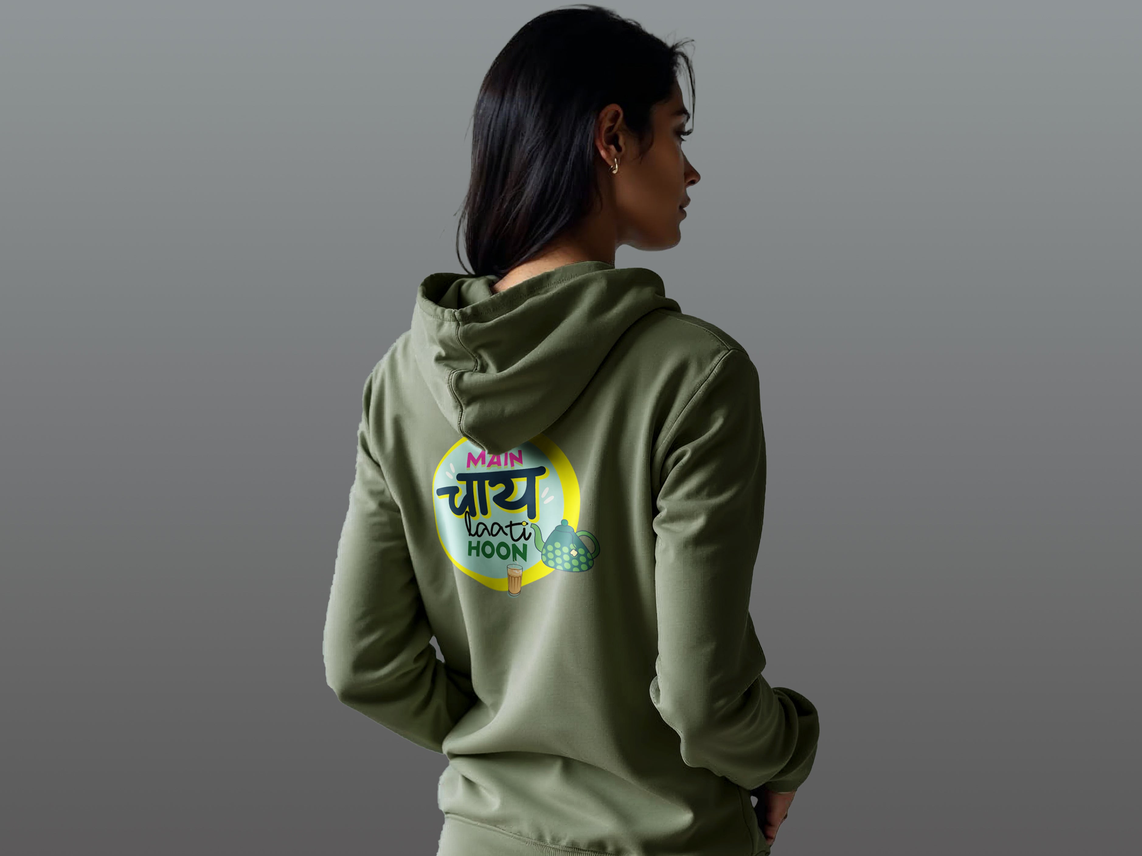 TMKOC Olive Green Cotton Regular Fit Hoodies for Women MAIN CHAI LAATI HOON