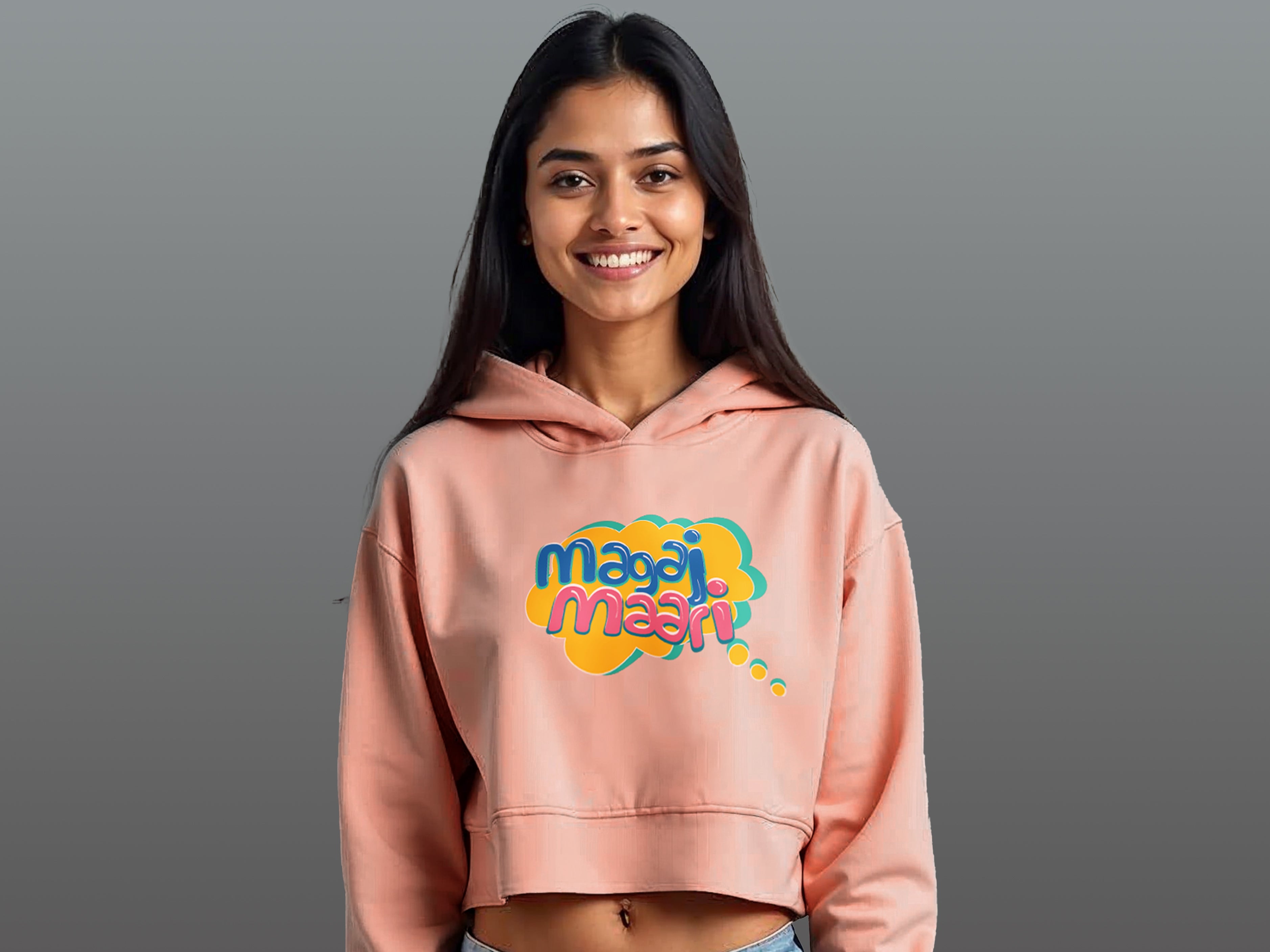 TMKOC Peach Printed Cropped Oversized Hoodies for Women MAGAJ MAARI