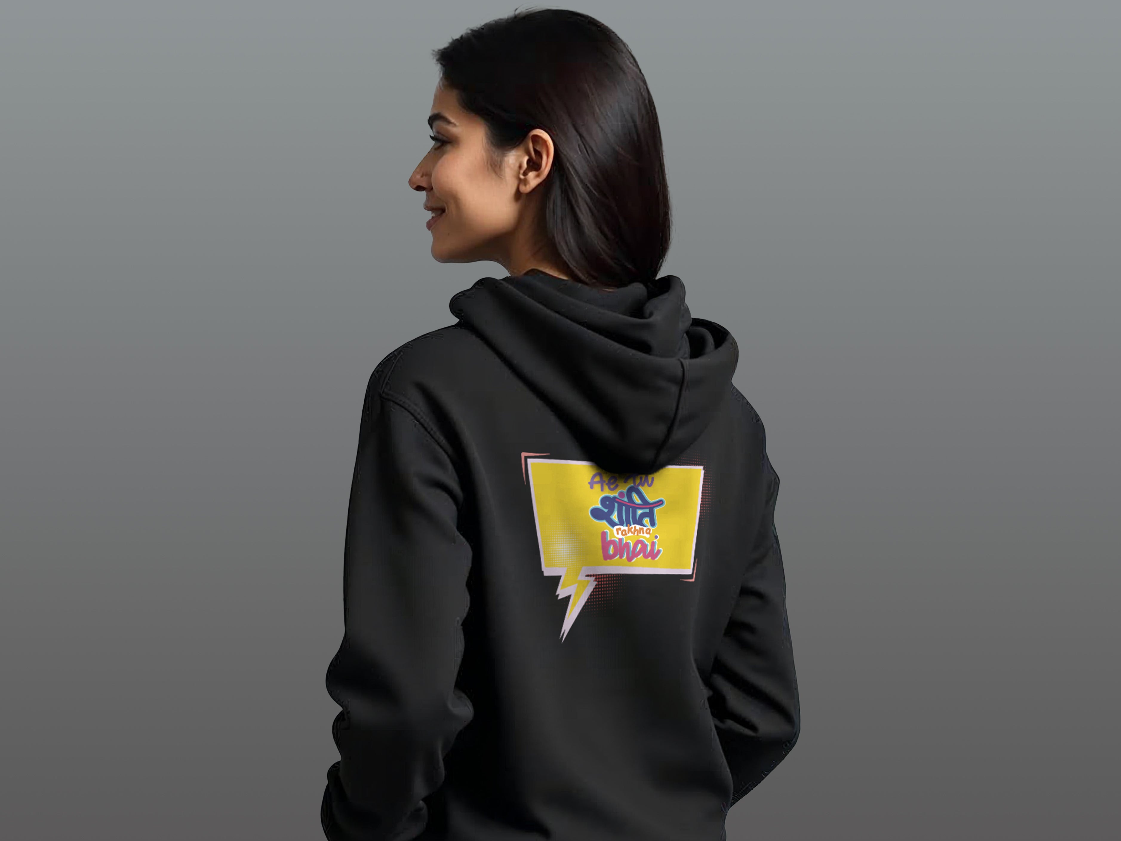 TMKOC Regular Fit Black Cotton Hoodies For Women AE TU SHANTI RAKHNA BHAI