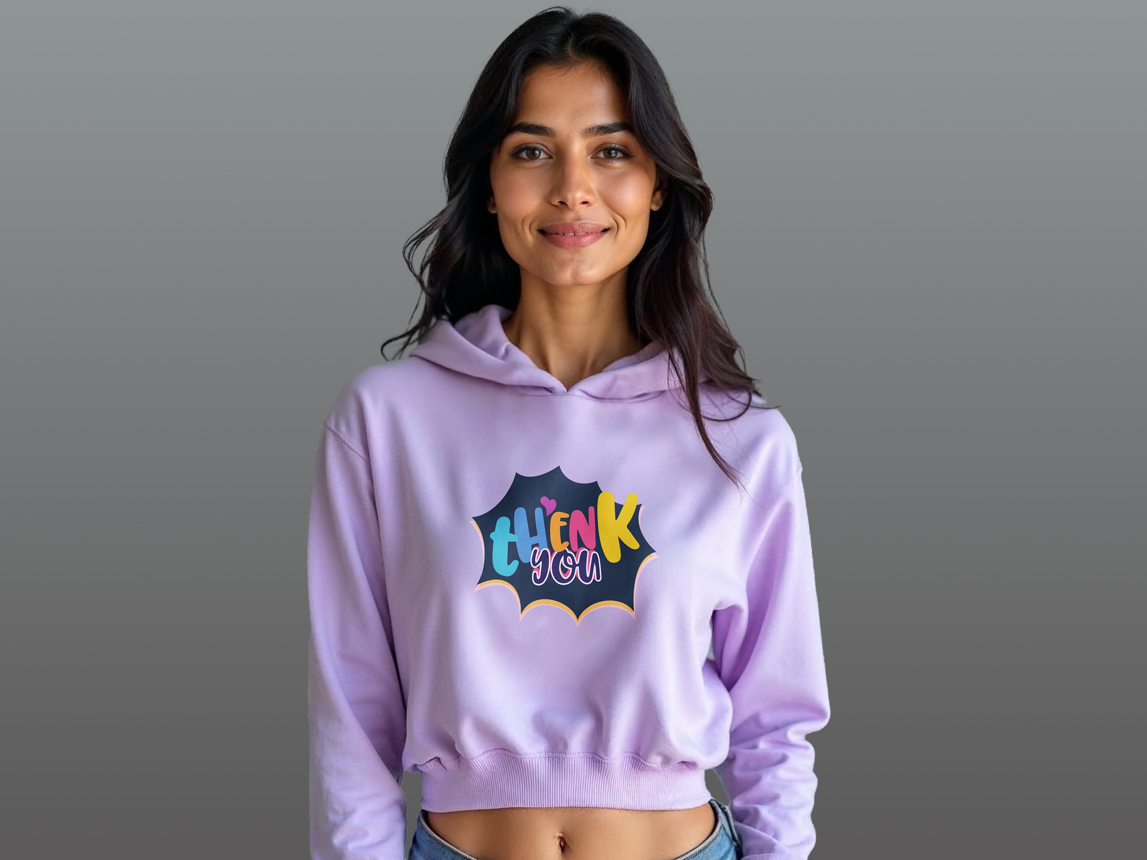 TMKOC Printed Cropped Oversized Lavender Hoodies for Women THANK YOU