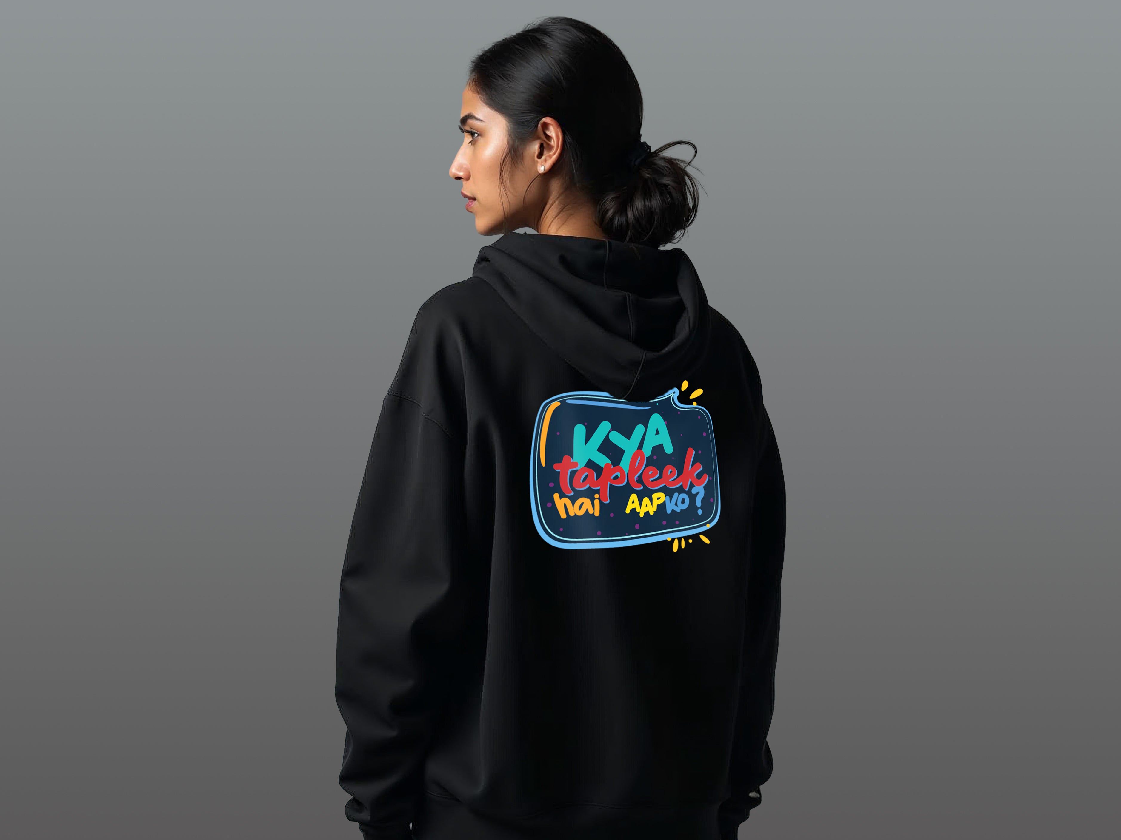 TMKOC Women Black Oversized Hoodies Cotton 350 GSM Long Sleeve KYA TAPLEEK HAI AAPKO