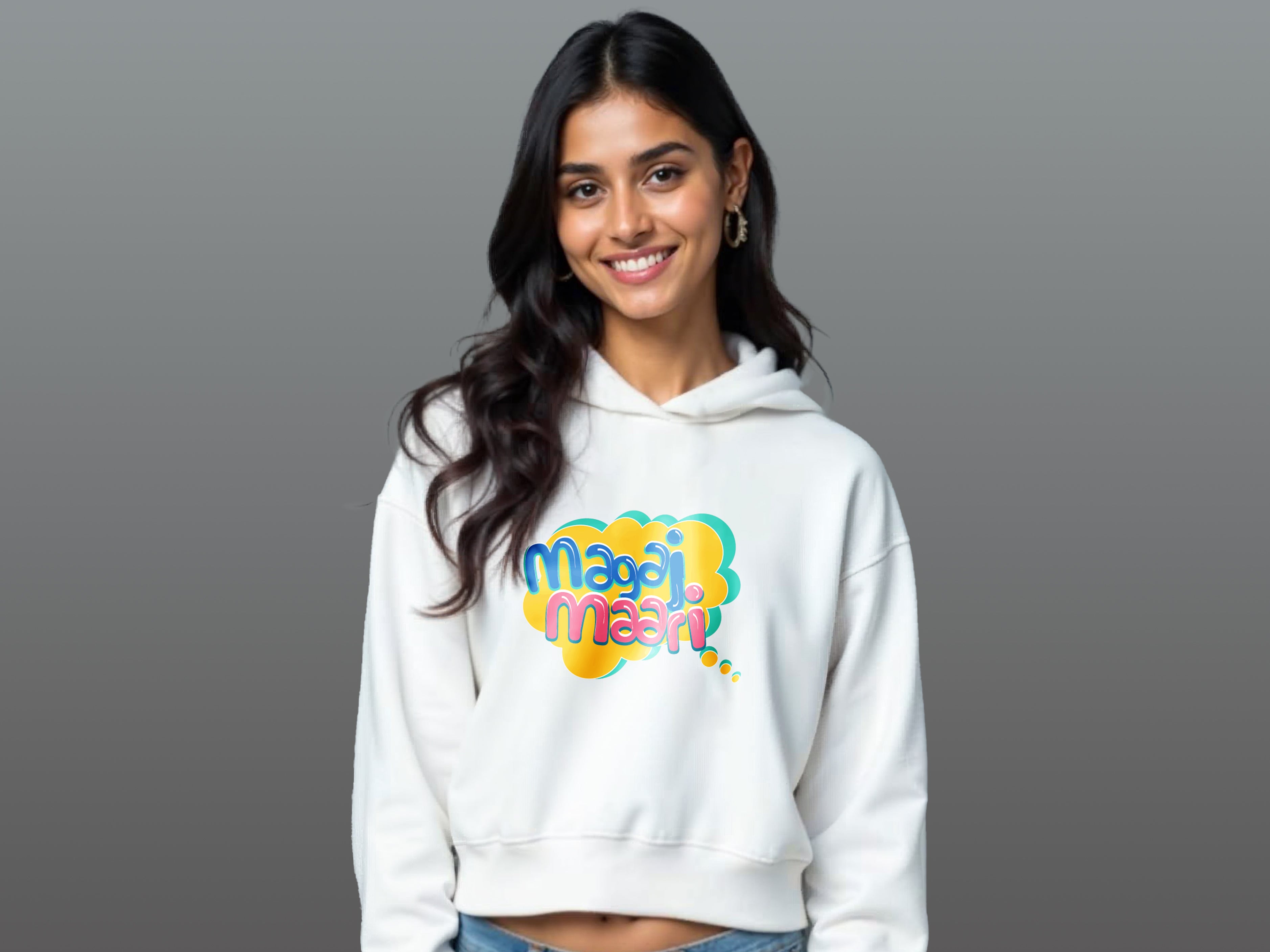 TMKOC White Printed Cropped Oversized Hoodies for Women MAGAJ MAARI