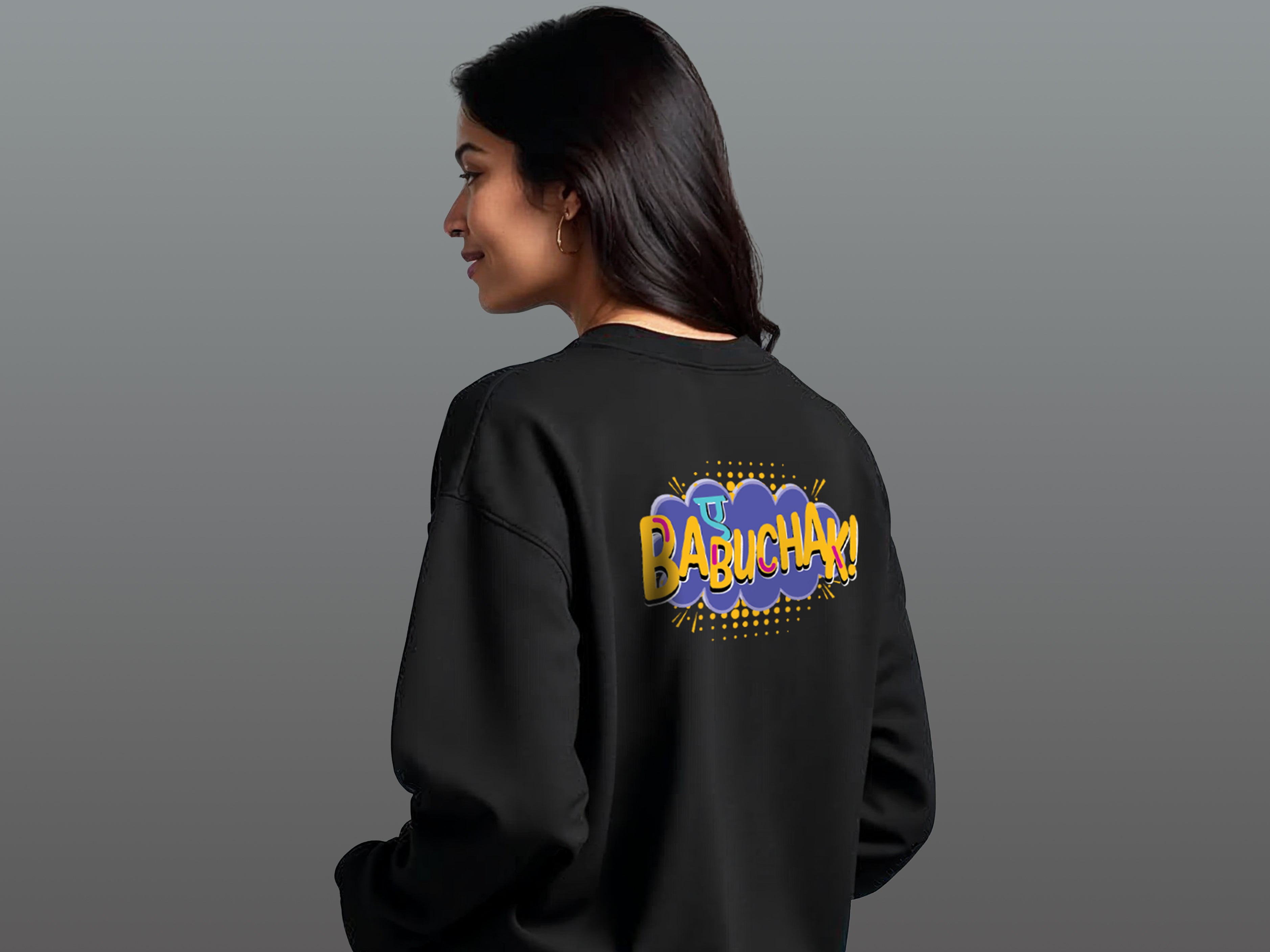 TMKOC Printed Crew Neck Black Sweatshirt Cotton 350 GSM AYE BABUCHAK