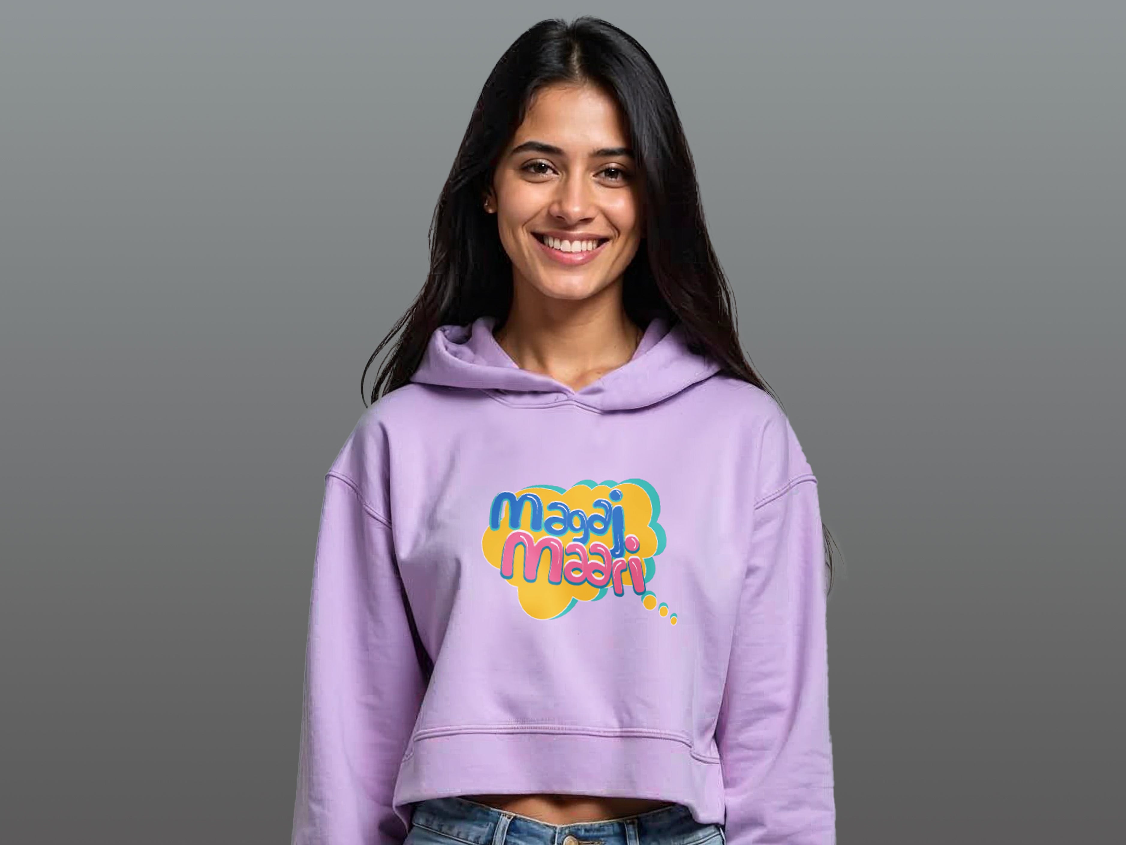 TMKOC Printed Cropped Oversized Lavender Hoodies for Women MAGAJ MAARI