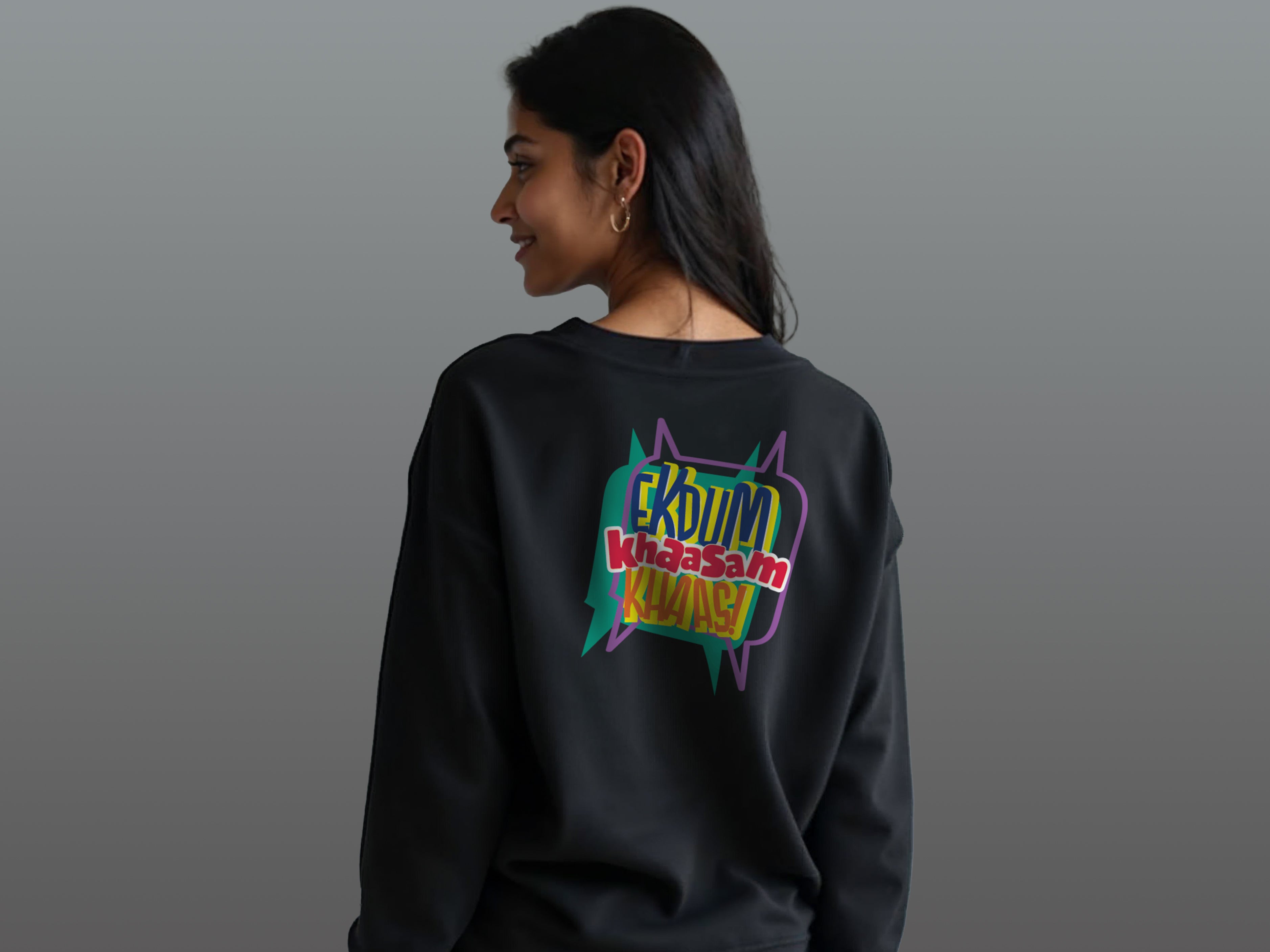 TMKOC Printed Crew Neck Black Sweatshirt Cotton 350 GSM EKDUM KHAASAM KHAAS