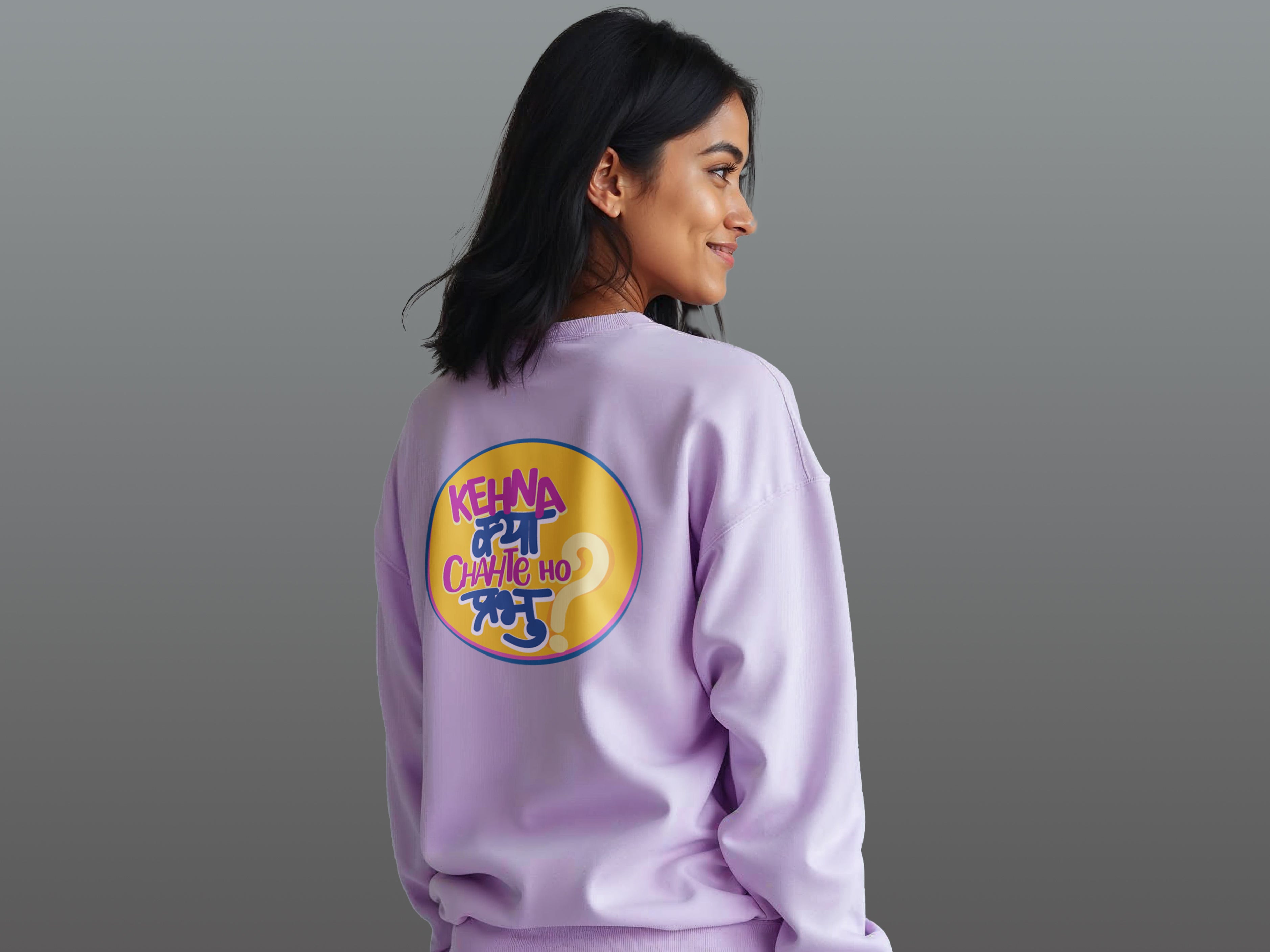 TMKOC Printed Crew Neck Lavender Sweatshirt Cotton 350 GSM KEHNA KYA CHAHTE HO PRABHU