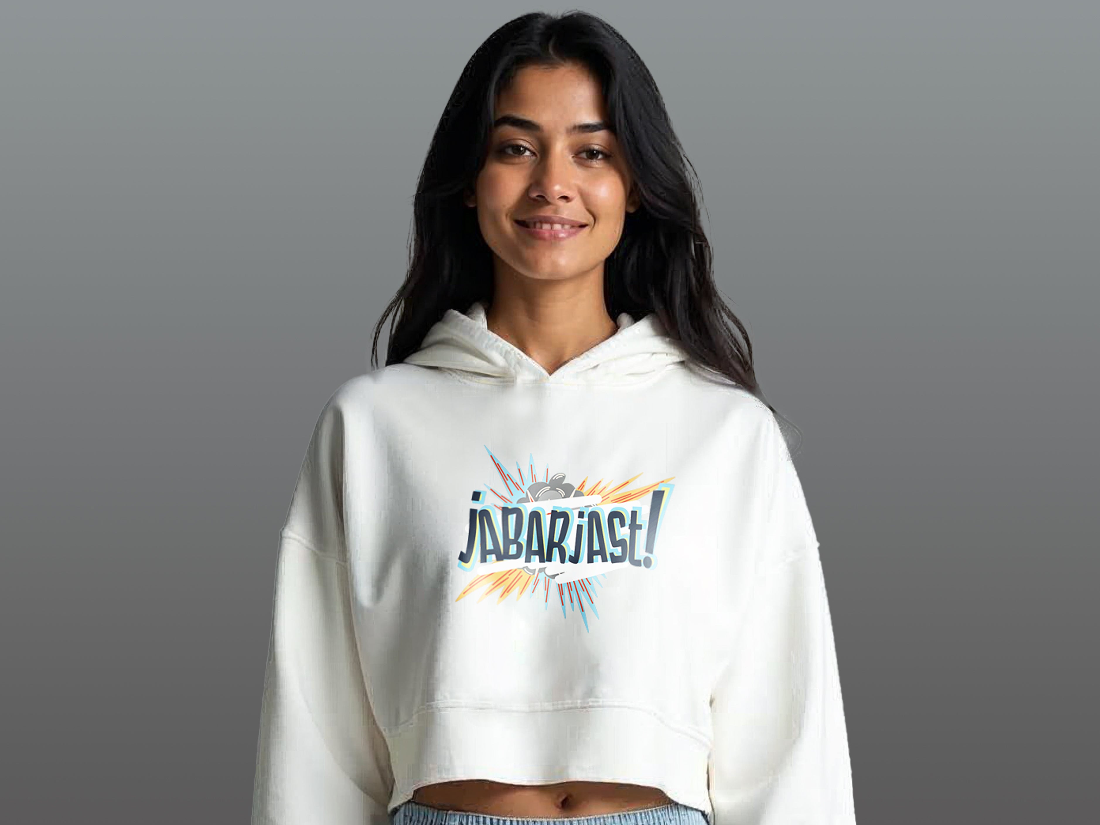 TMKOC White Printed Cropped Oversized Hoodies for Women JABARJAST