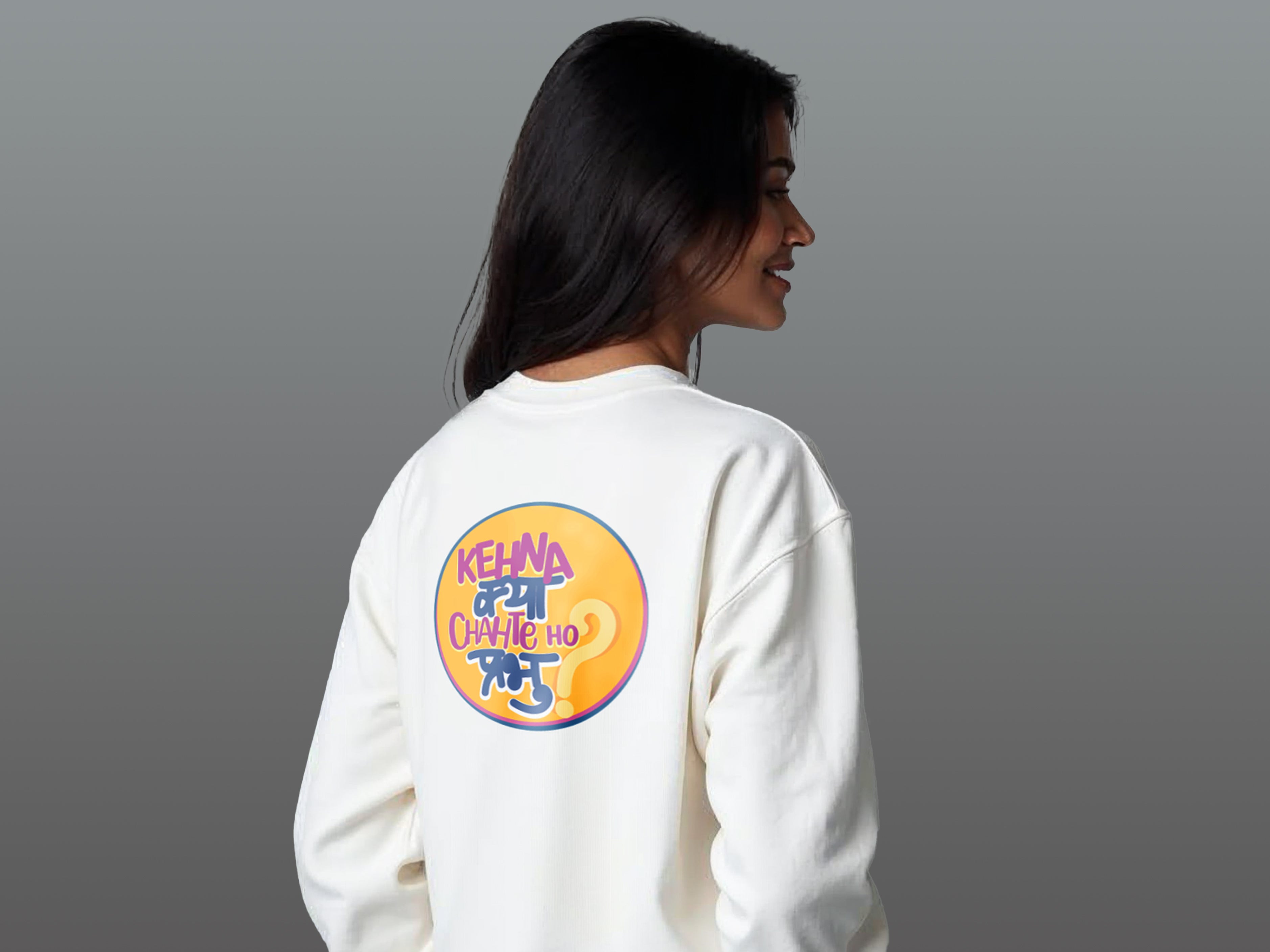 TMKOC White Printed Crew Neck Sweatshirt Cotton 240 GSM KEHNA KYA CHAHTE HO PRABHU