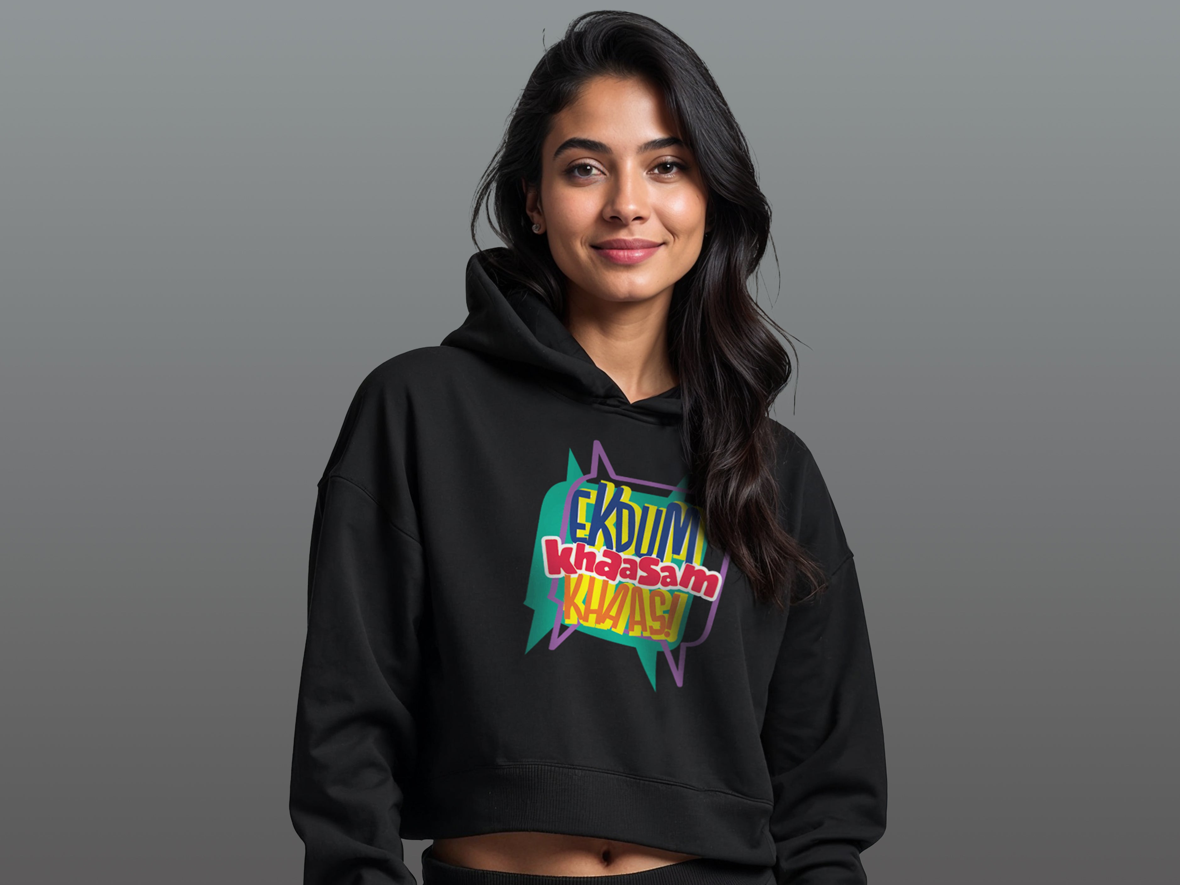 TMKOC Black Printed Cropped Oversized Hoodies for Women EKDUM KHAASAM KHAAS