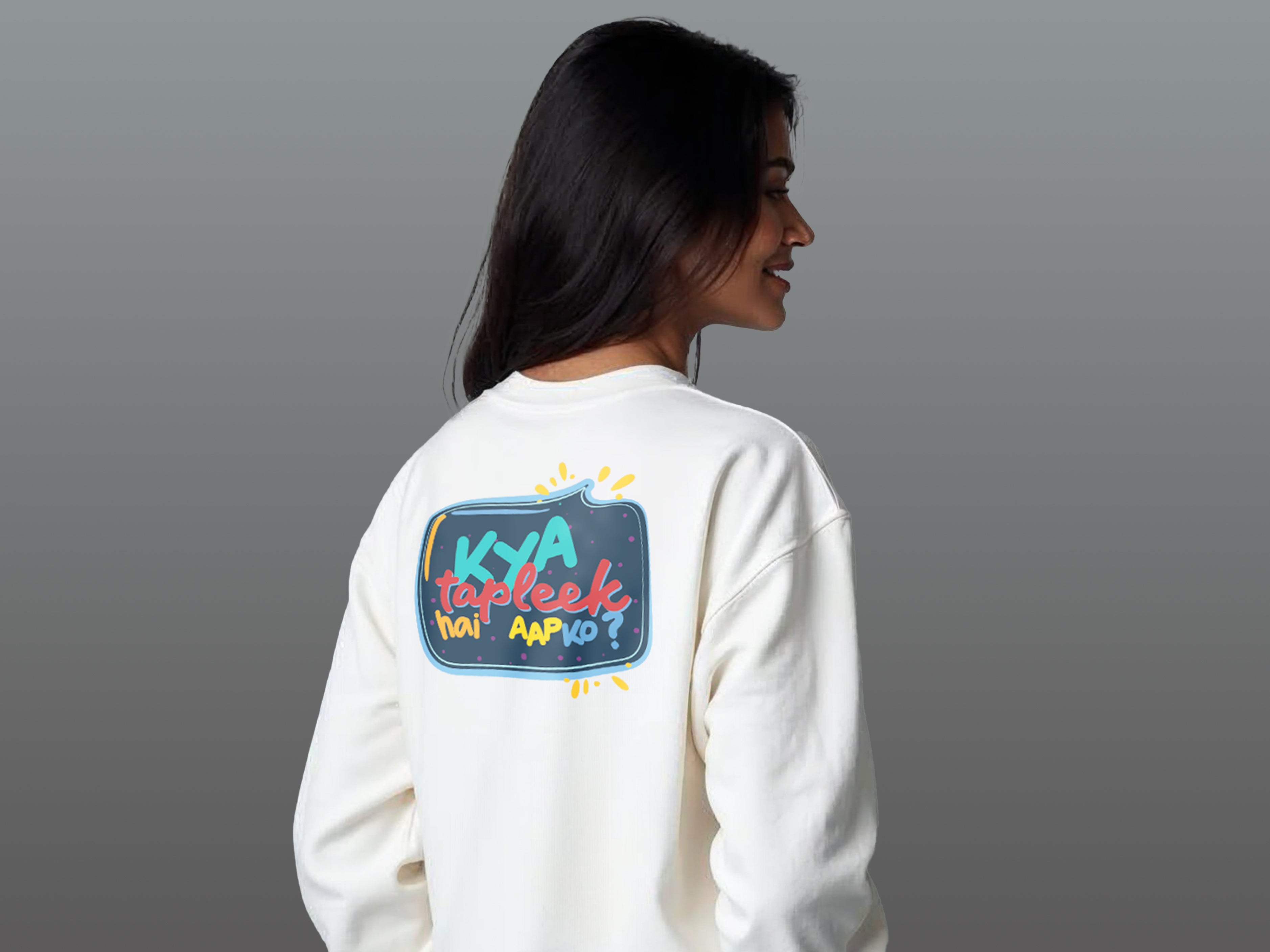 TMKOC White Printed Crew Neck Sweatshirt Cotton 240 GSM KYA TAPLEEK HAI AAPKO