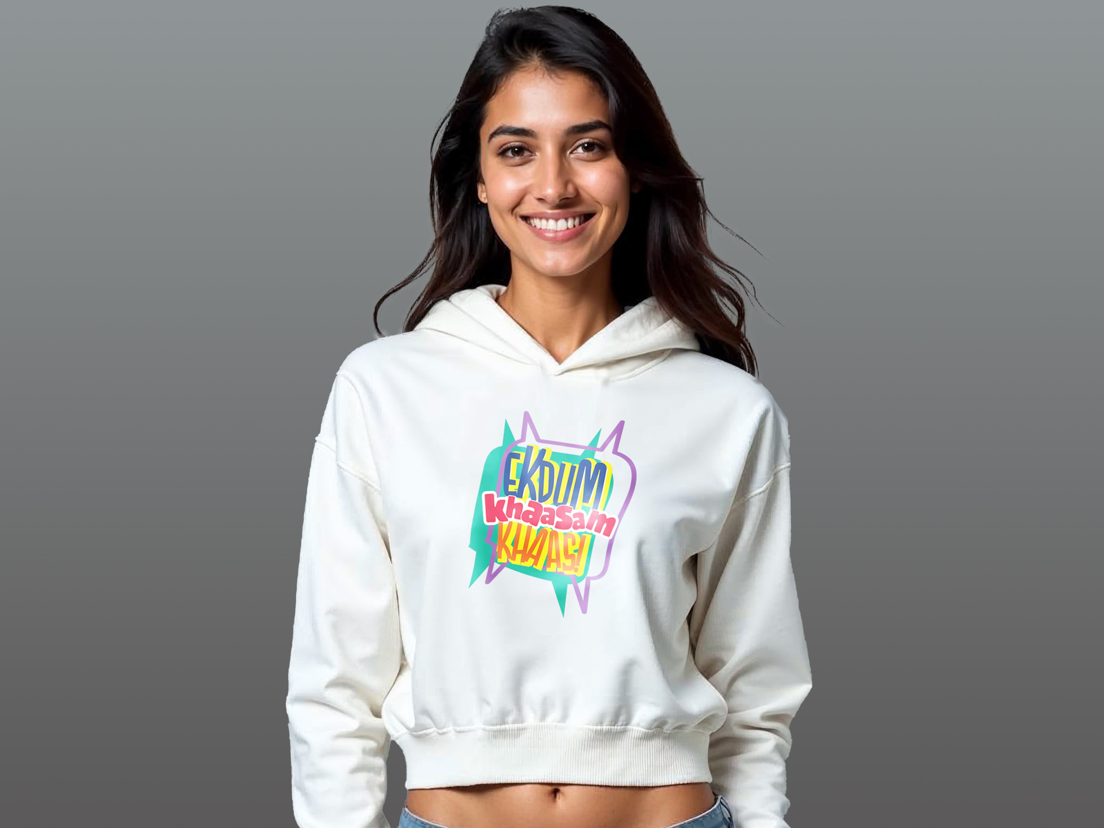 TMKOC White Printed Cropped Oversized Hoodies for Women EKDUM KHAASAM KHAAS