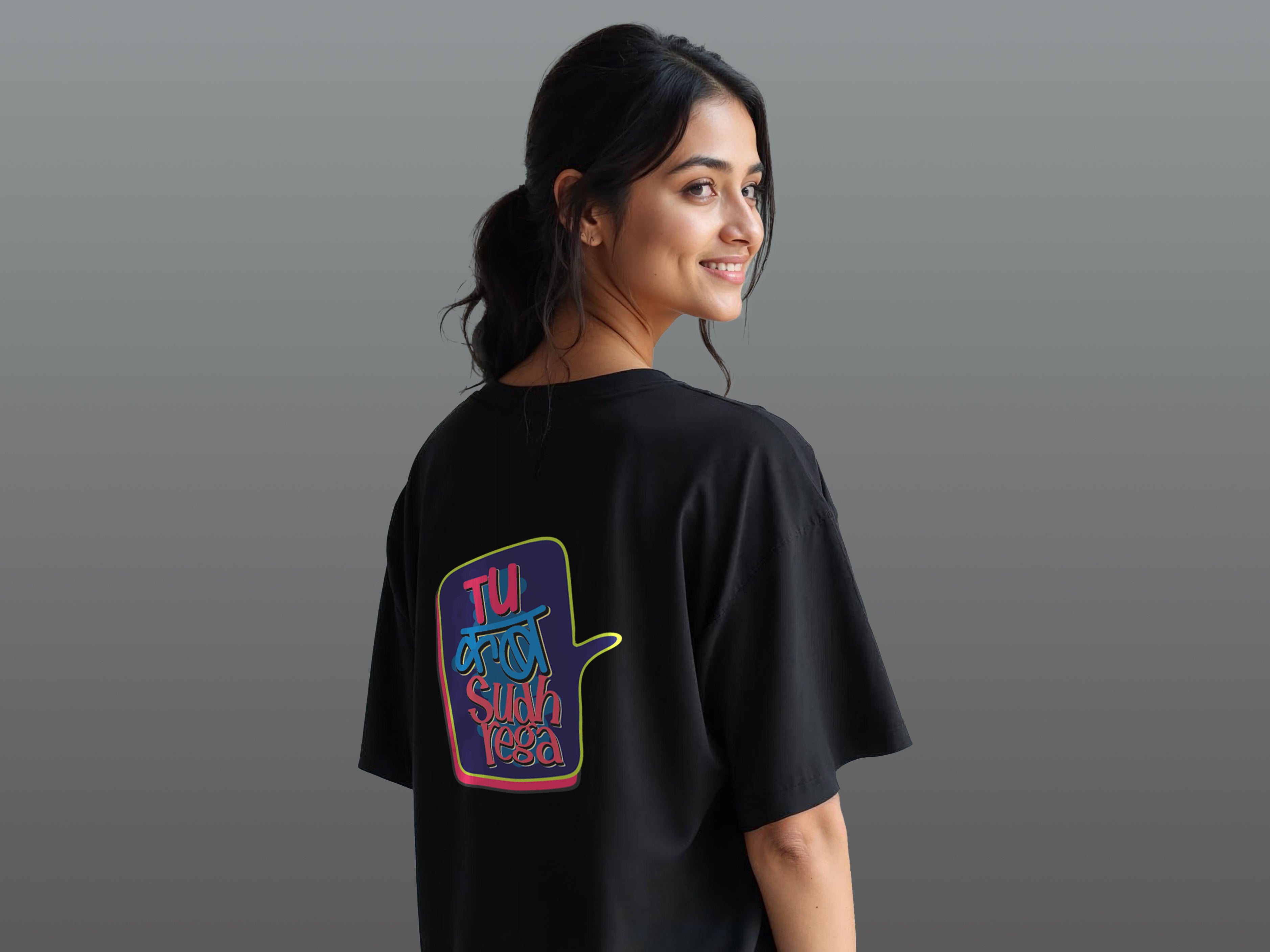 TMKOC Oversized Printed Black T-Shirts For Women TU KAB SUDHREGA