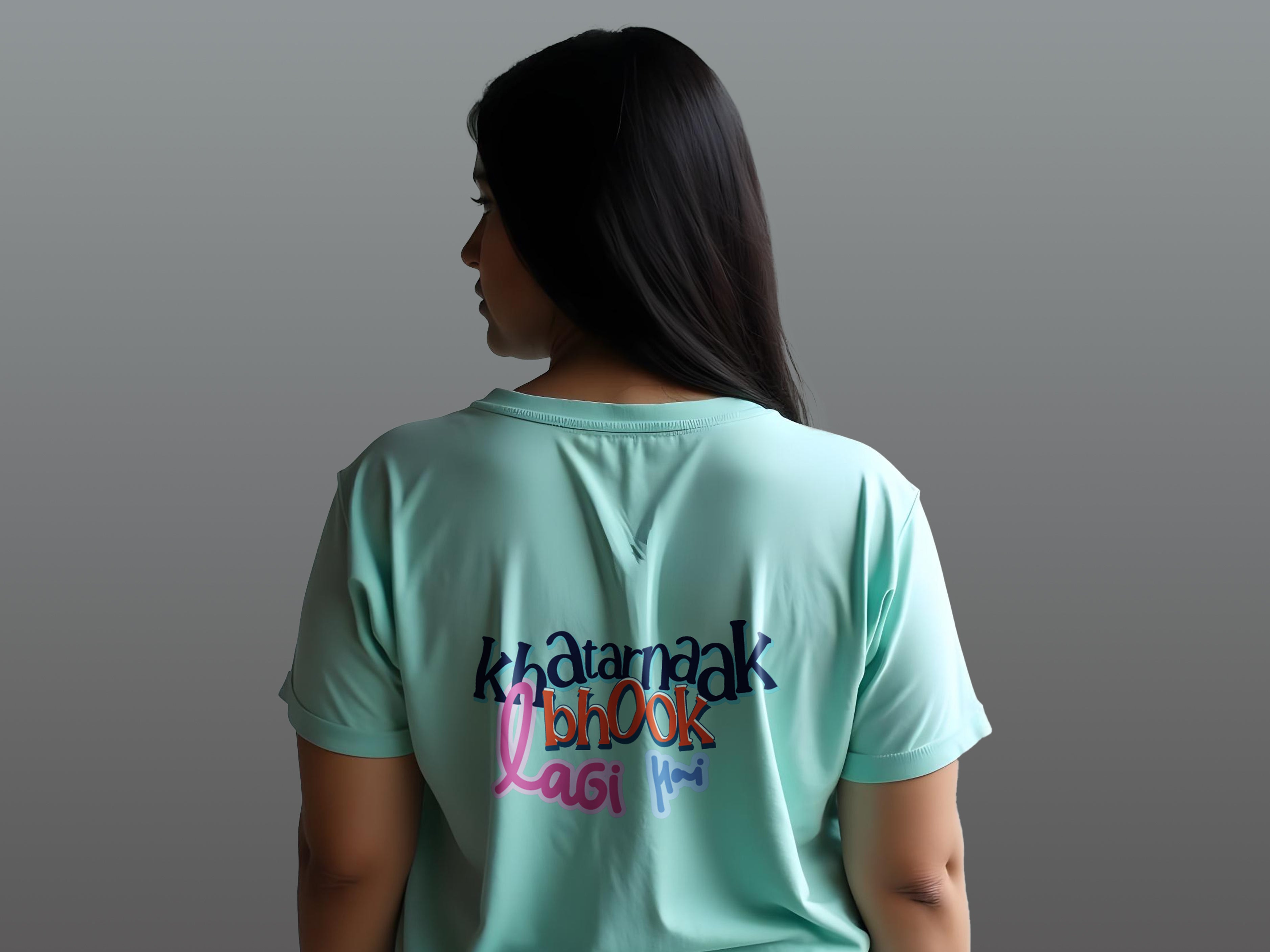 TMKOC Printed Round Neck Plus Size Aqua Green T-shirts KHATARNAAK BHOOK LAGI HAI