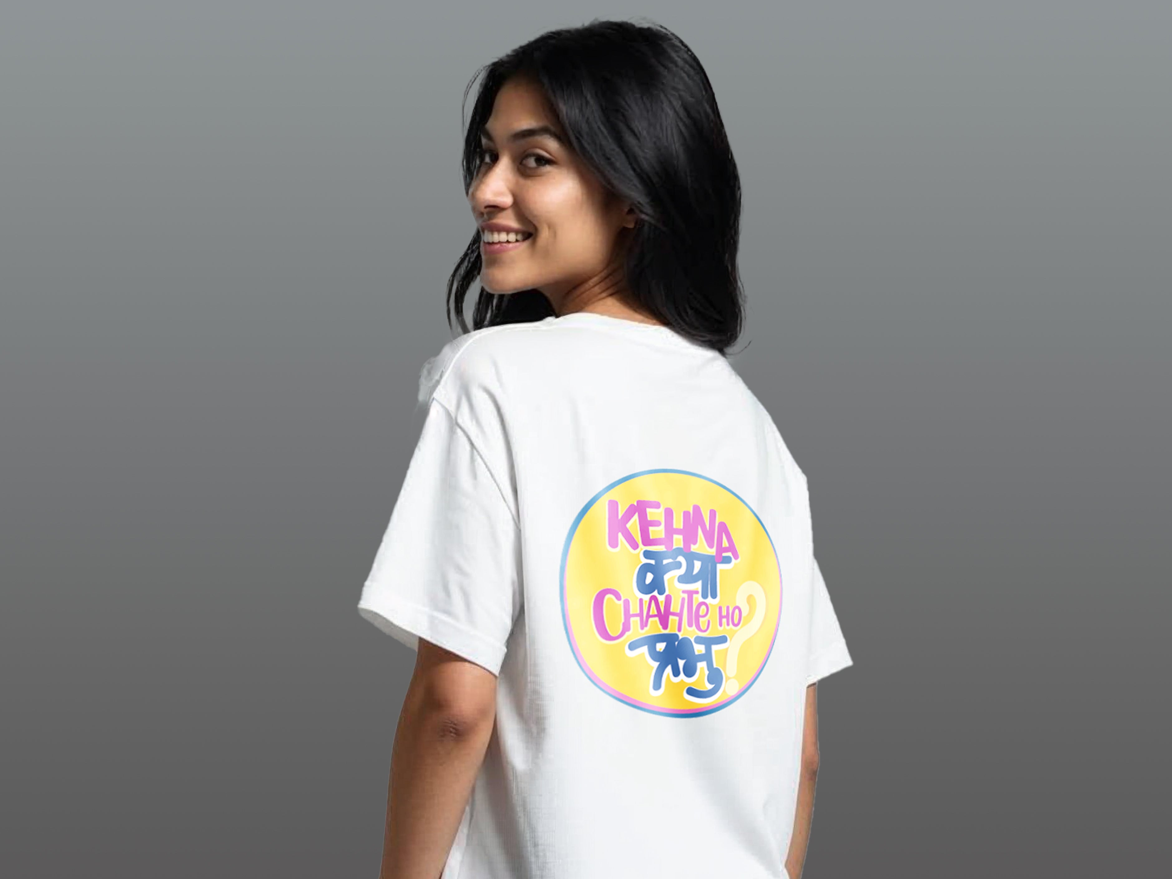 TMKOC White Oversized Printed T-Shirts For Women KEHNA KYA CHAHTE HO PRABHU