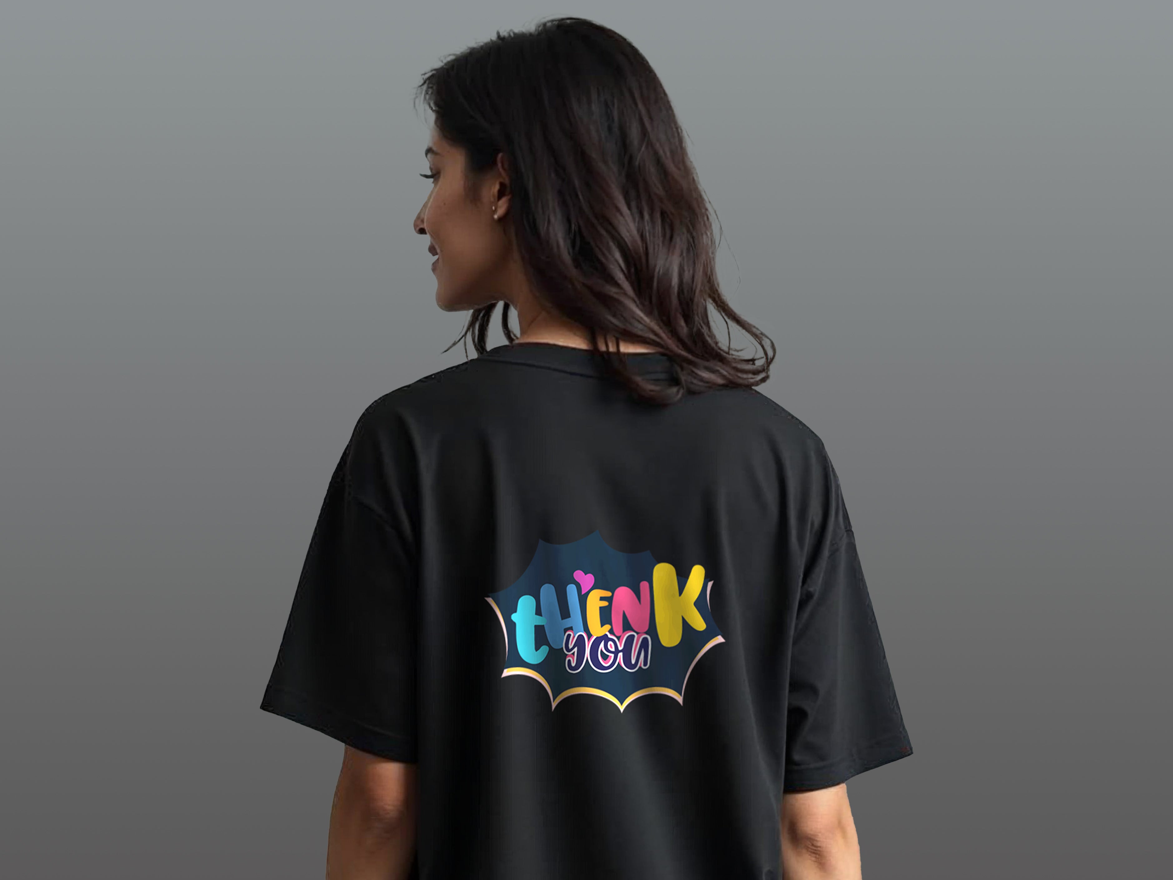 TMKOC Oversized Printed Black T-Shirts For Women THANK YOU