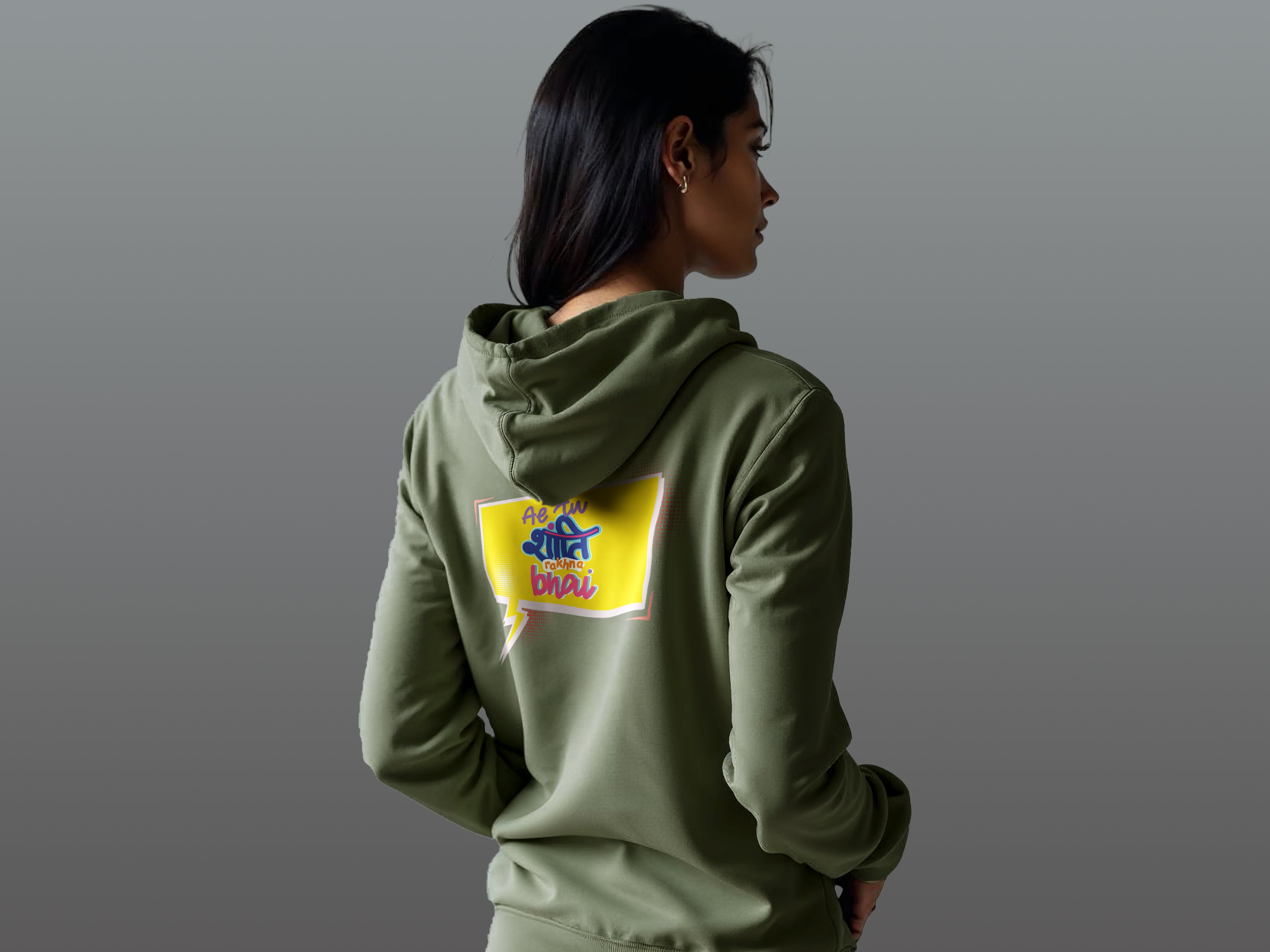 TMKOC Olive Green Cotton Regular Fit Hoodies for Women AE TU SHANTI RAKHNA BHAI