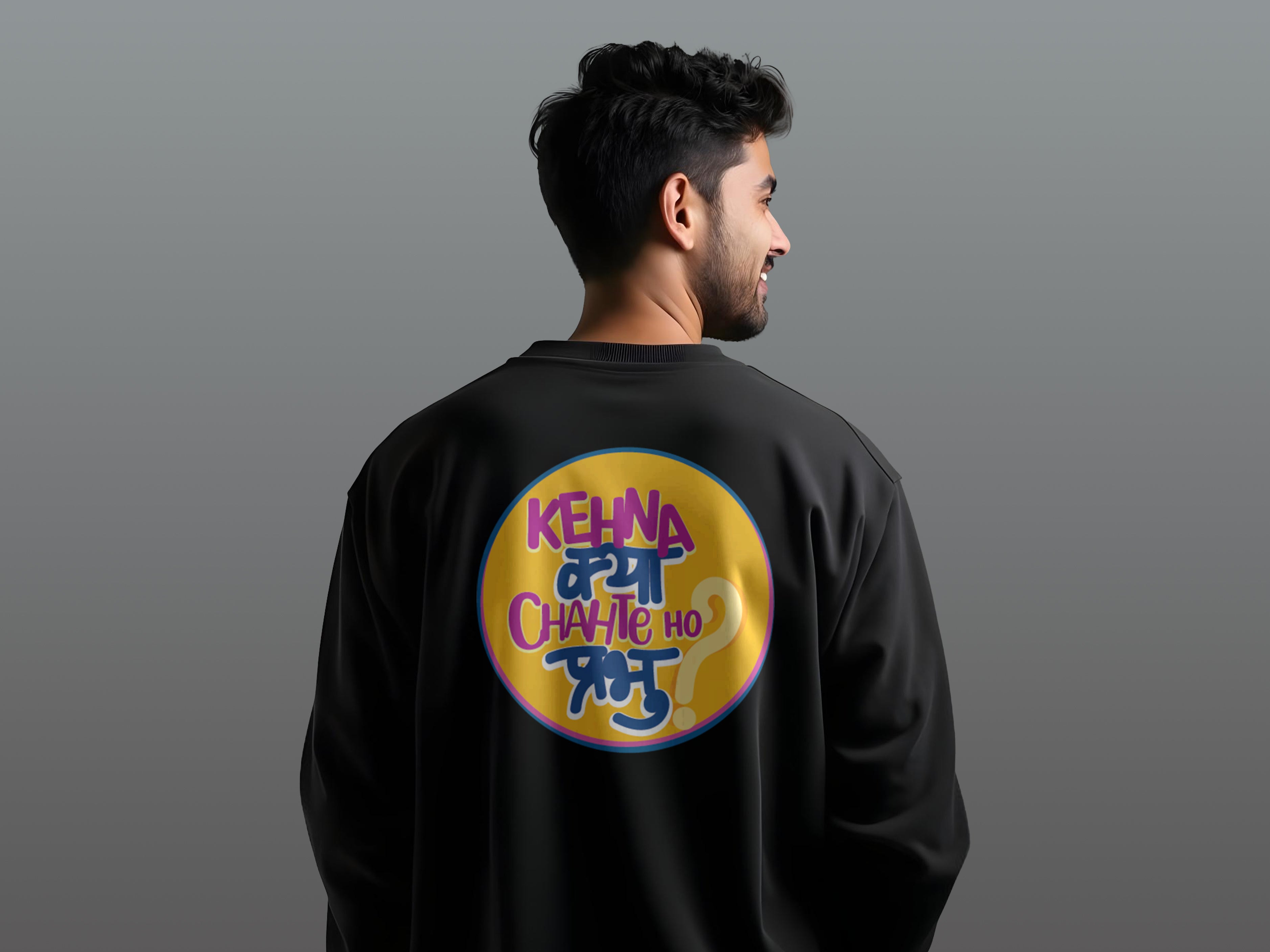 TMKOC Printed Black Crew Neck Sweatshirt Cotton 240 GSM KEHNA KYA CHAHTE HO PRABHU