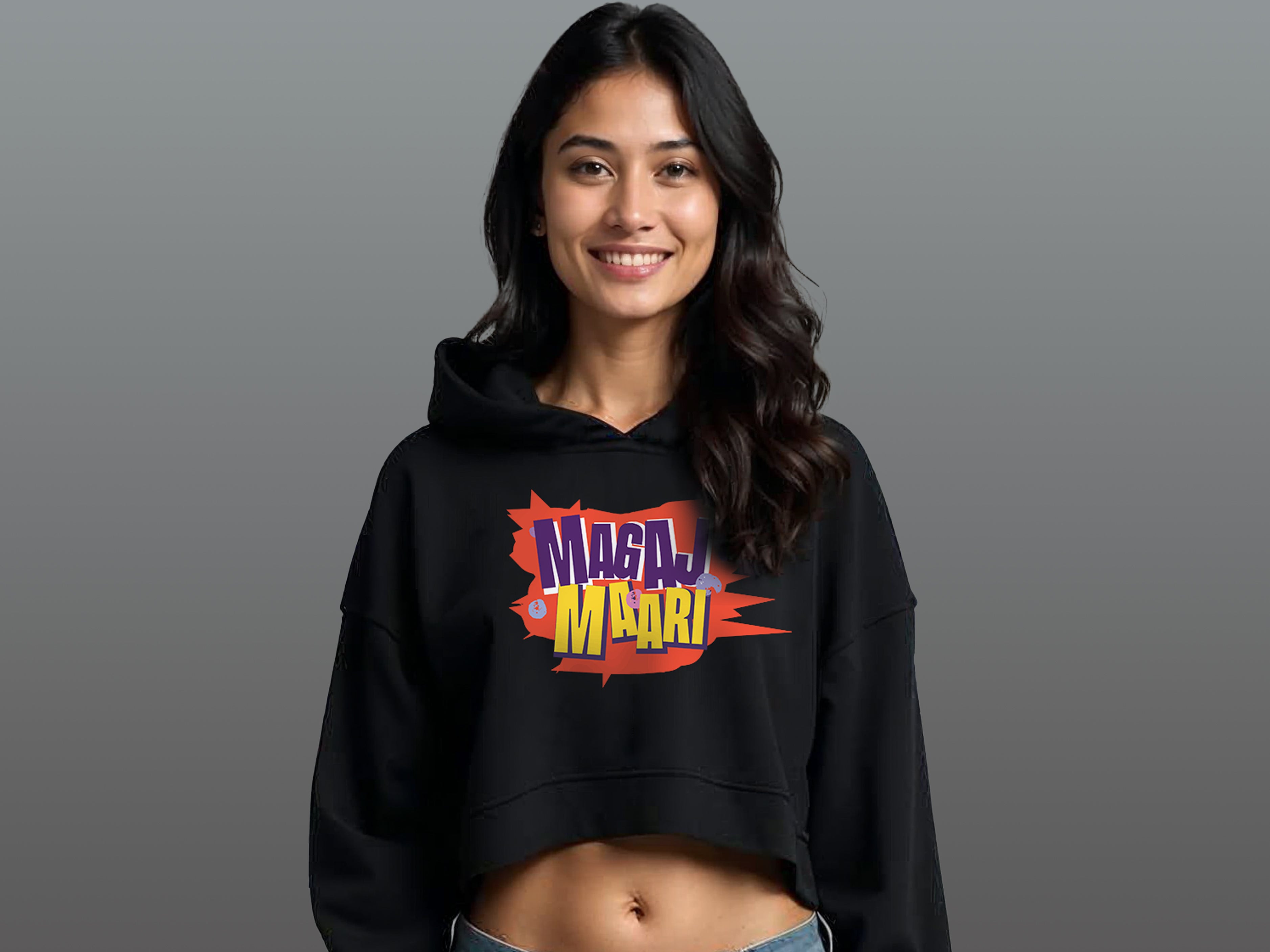 TMKOC Black Printed Cropped Oversized Hoodies for Women MAGAJ MAARI