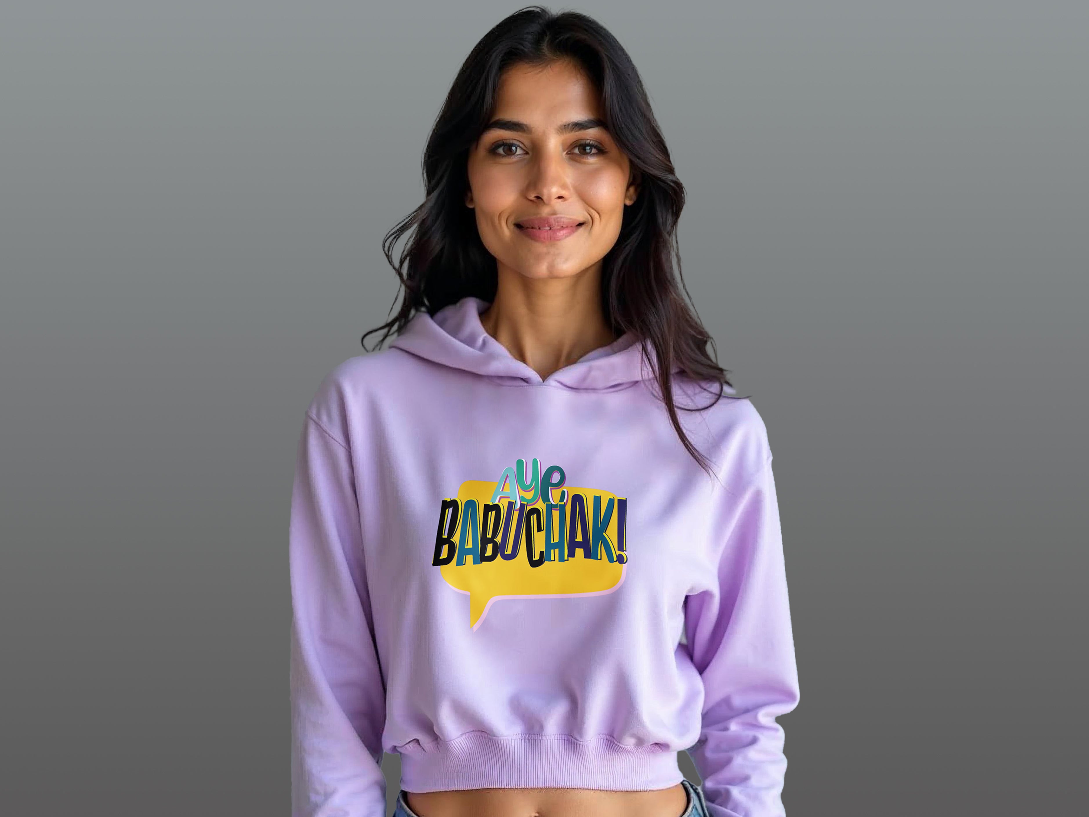 TMKOC Printed Cropped Oversized Lavender Hoodies for Women AYE BABUCHAK