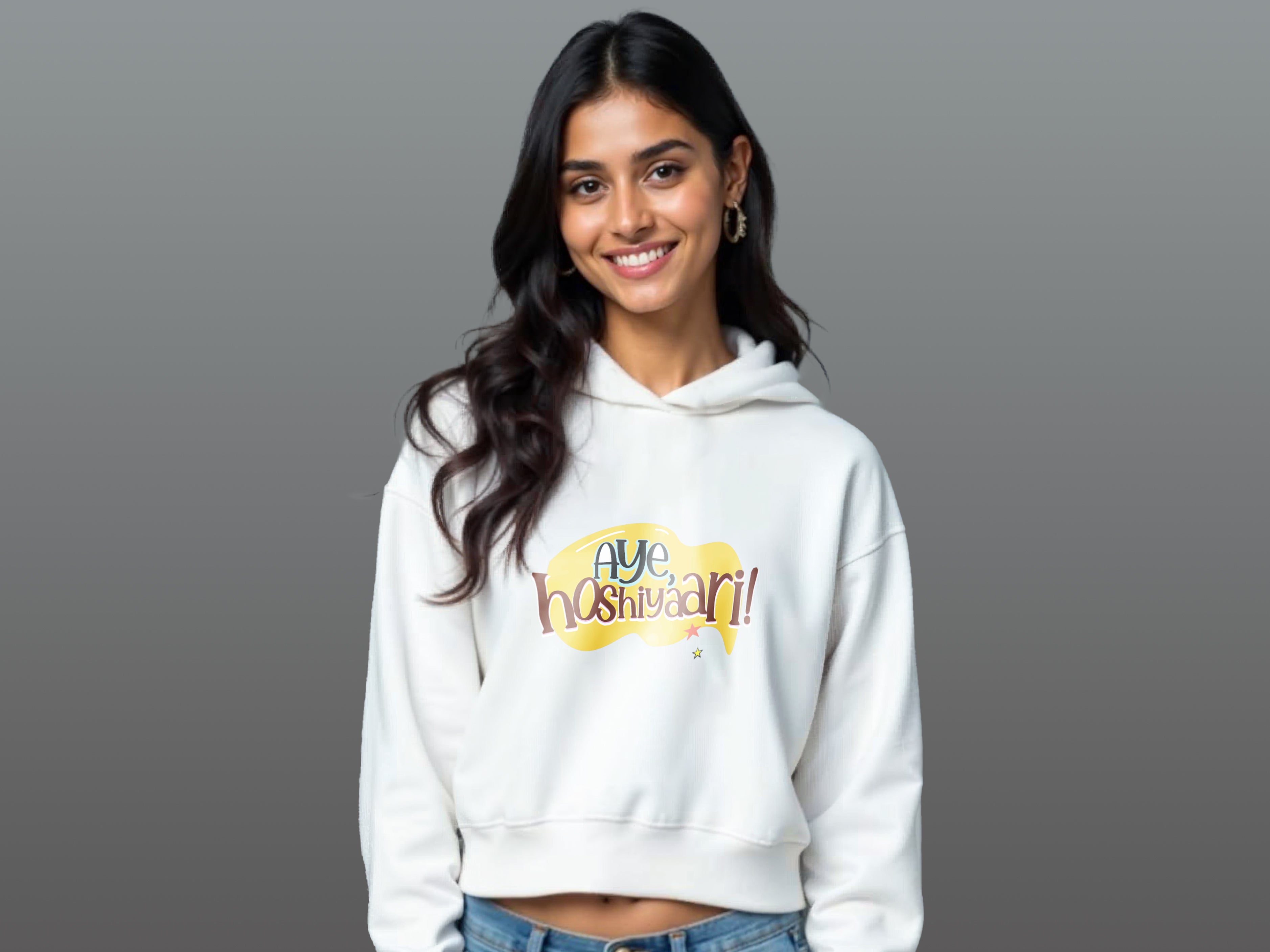 TMKOC White Printed Cropped Oversized Hoodies for Women AYE HOSHIYAARI