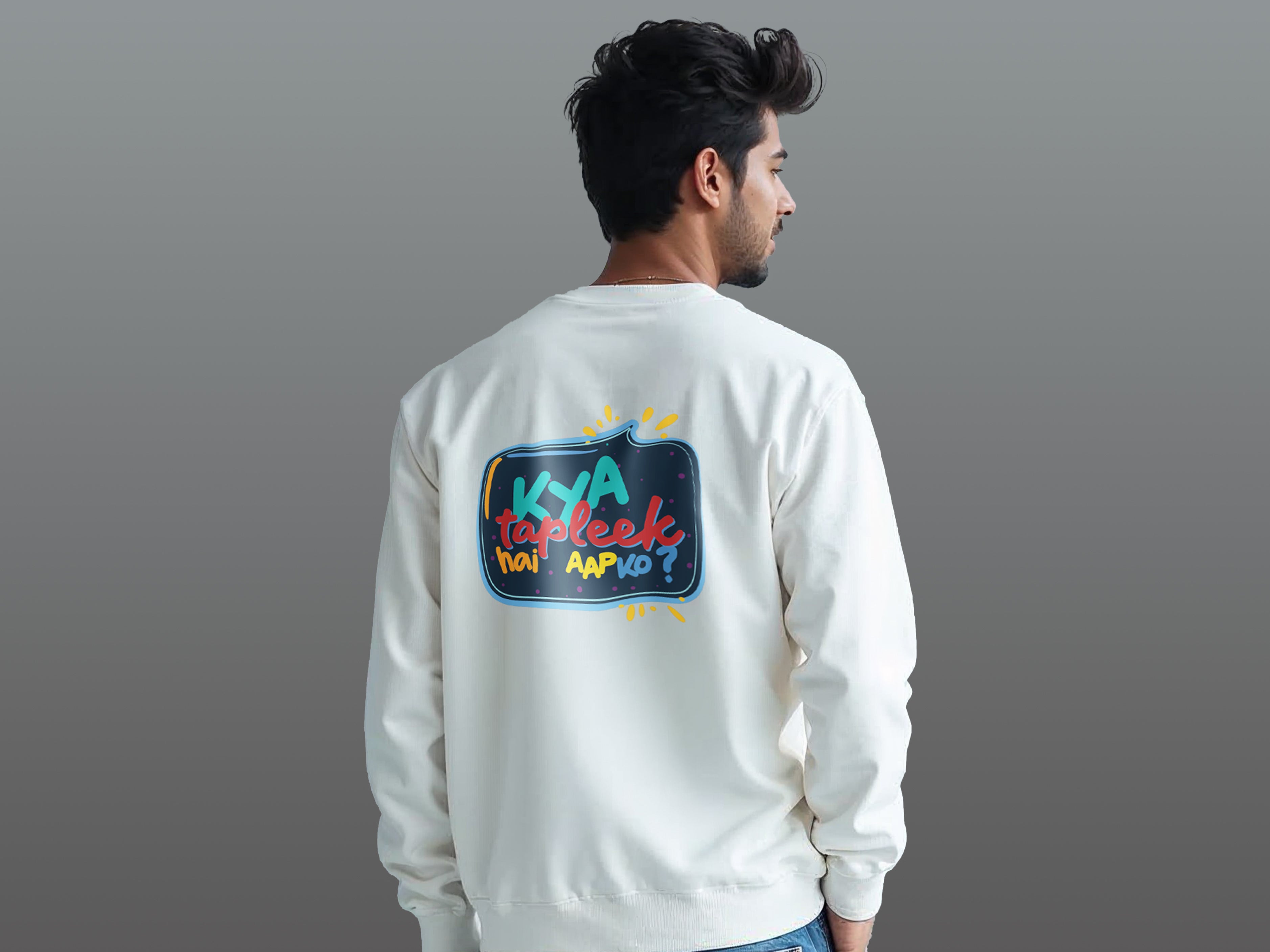 TMKOC Printed Crew Neck Sweatshirt White Color Cotton 240 GSM KYA TAPLEEK HAI AAPKO