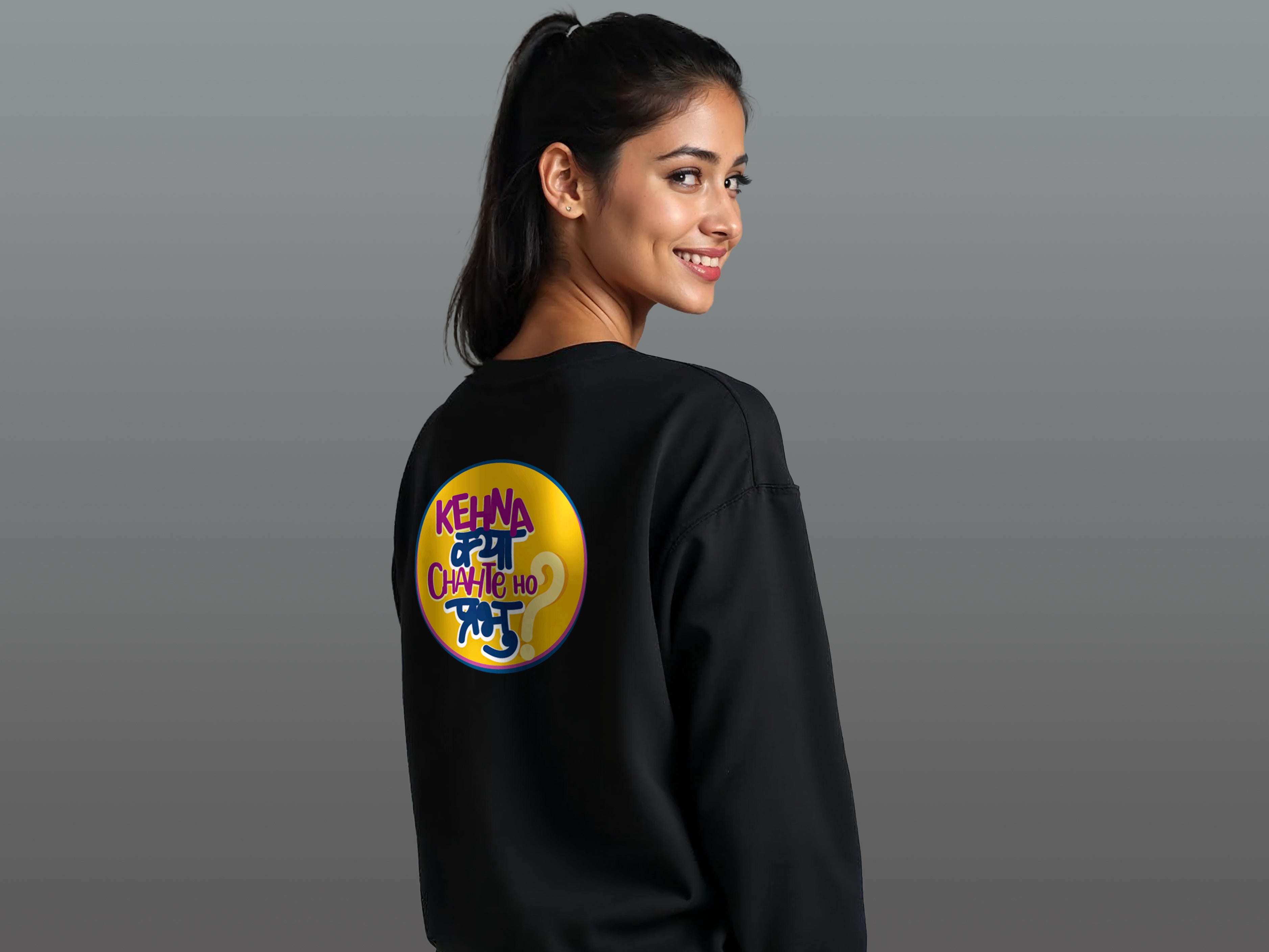 TMKOC Printed Crew Neck Black Sweatshirt Cotton 240 GSM KEHNA KYA CHAHTE HO PRABHU