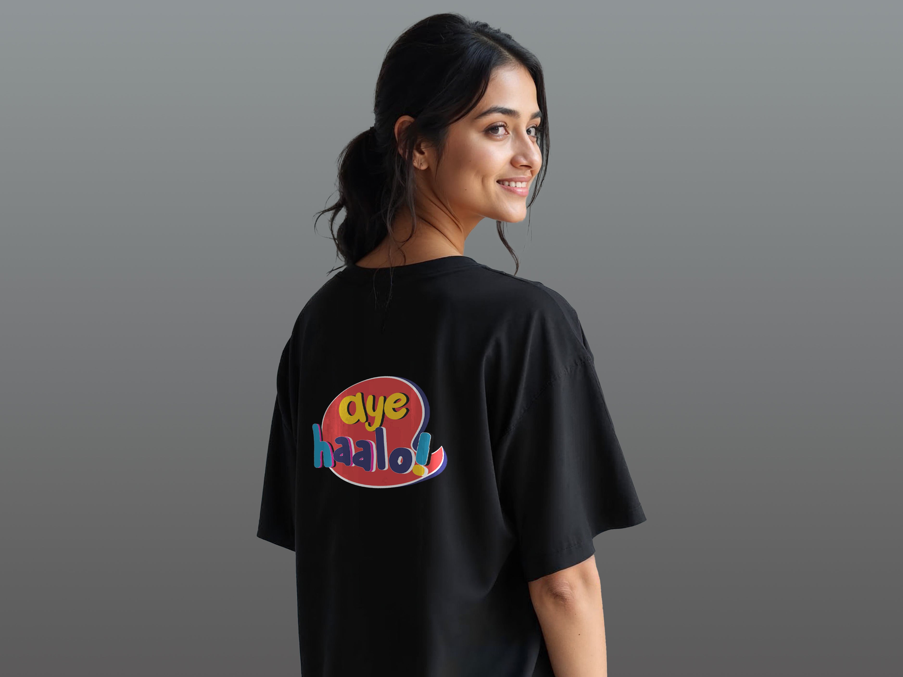 TMKOC Oversized Printed Black T-Shirts For Women AYE HALOO