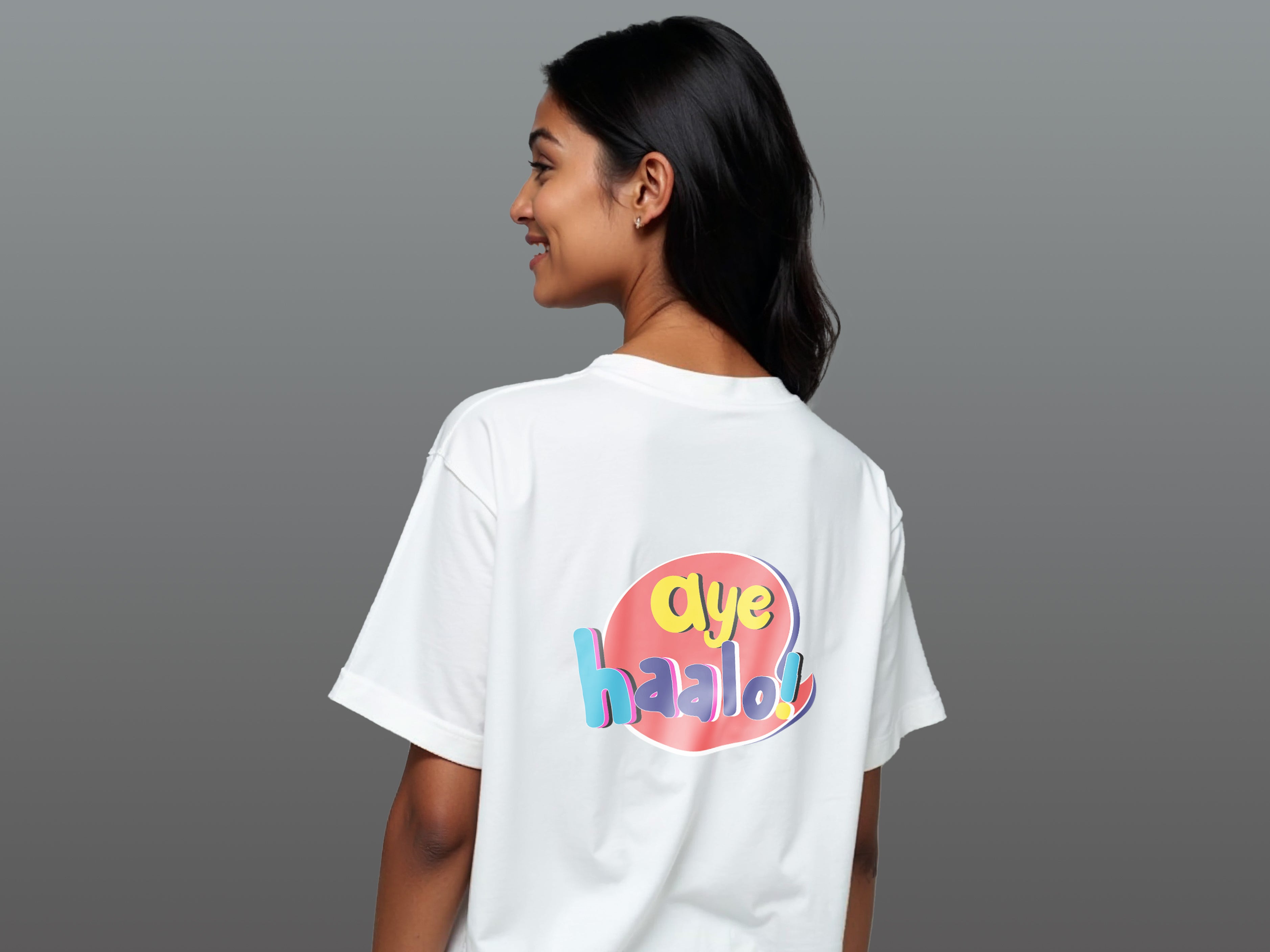 TMKOC White Oversized Printed T-Shirts For Women AYE HALOO