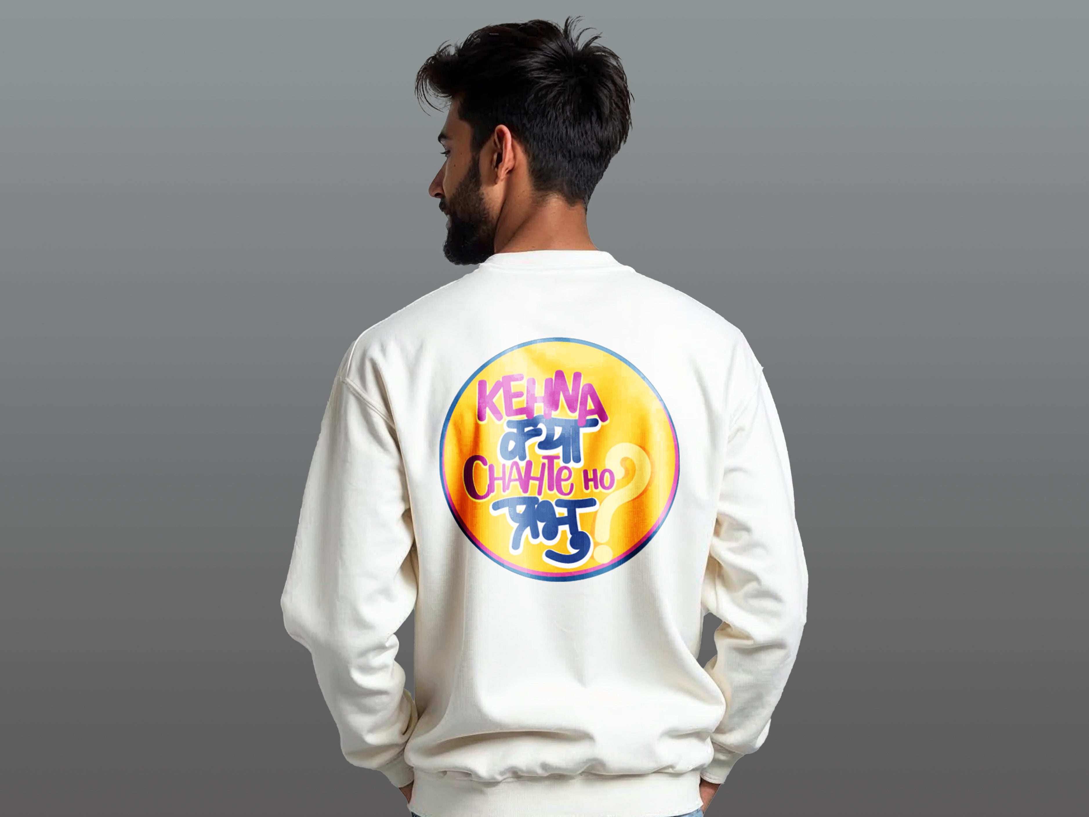 TMKOC Printed Crew Neck Sweatshirt White Color Cotton 240 GSM KEHNA KYA CHAHTE HO PRABHU