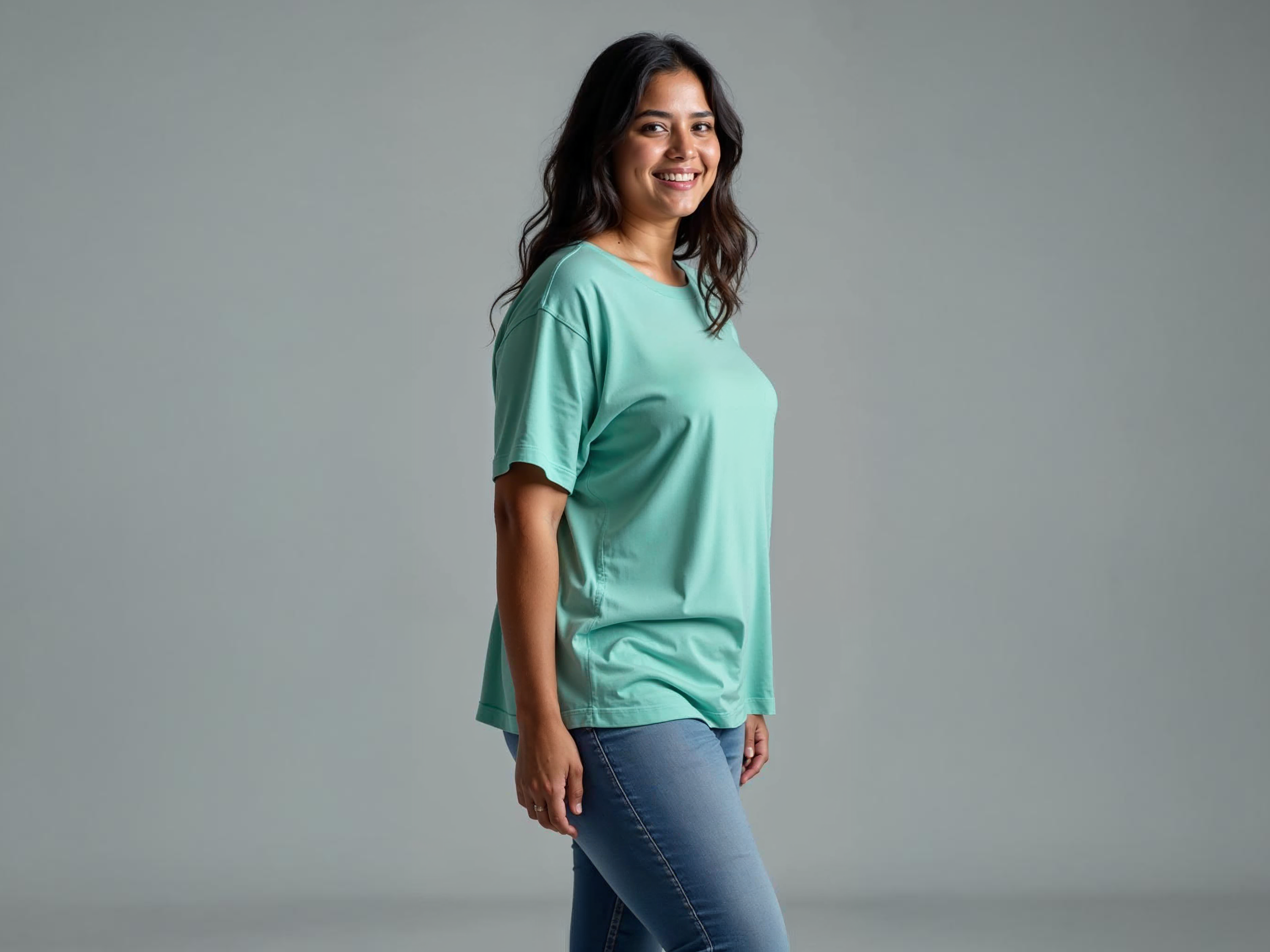 TMKOC Printed Round Neck Plus Size Aqua Green T-shirts