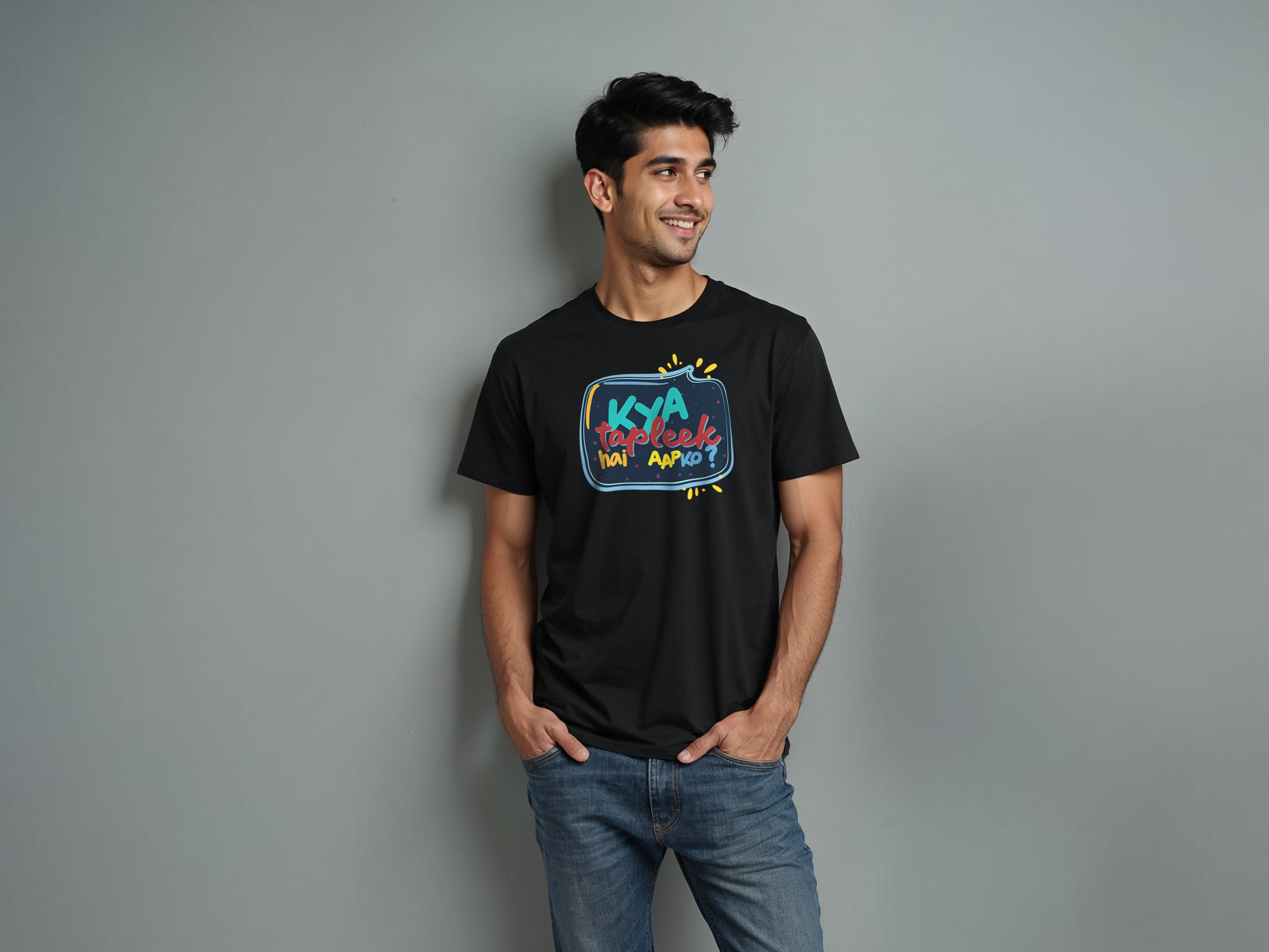 TMKOC Regular Fit Black Front Printed T-Shirts KYA TAPLEEK HAI AAPKO