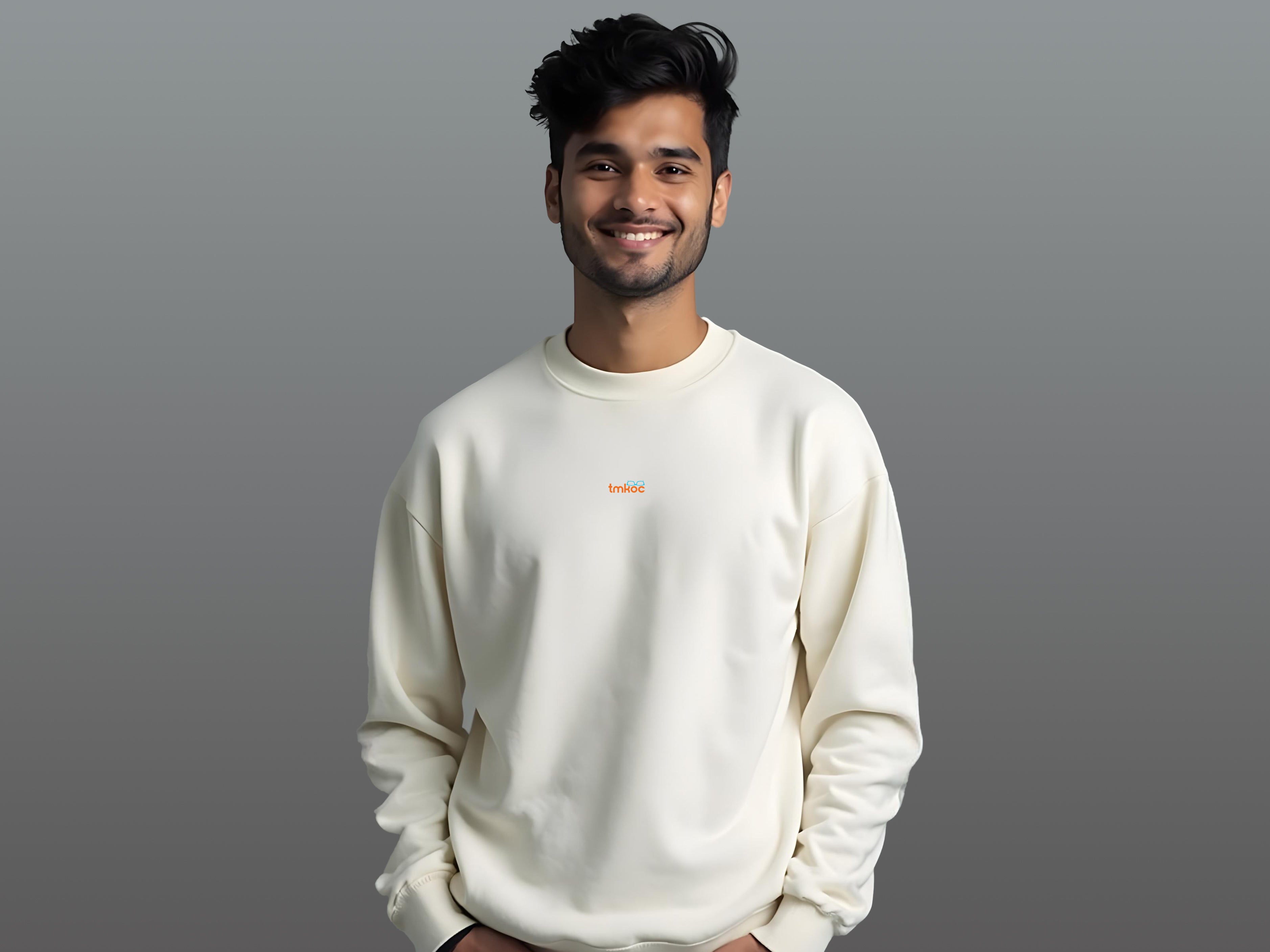 TMKOC White Printed Crew Neck Winter Sweatshirt Cotton 350 GSM