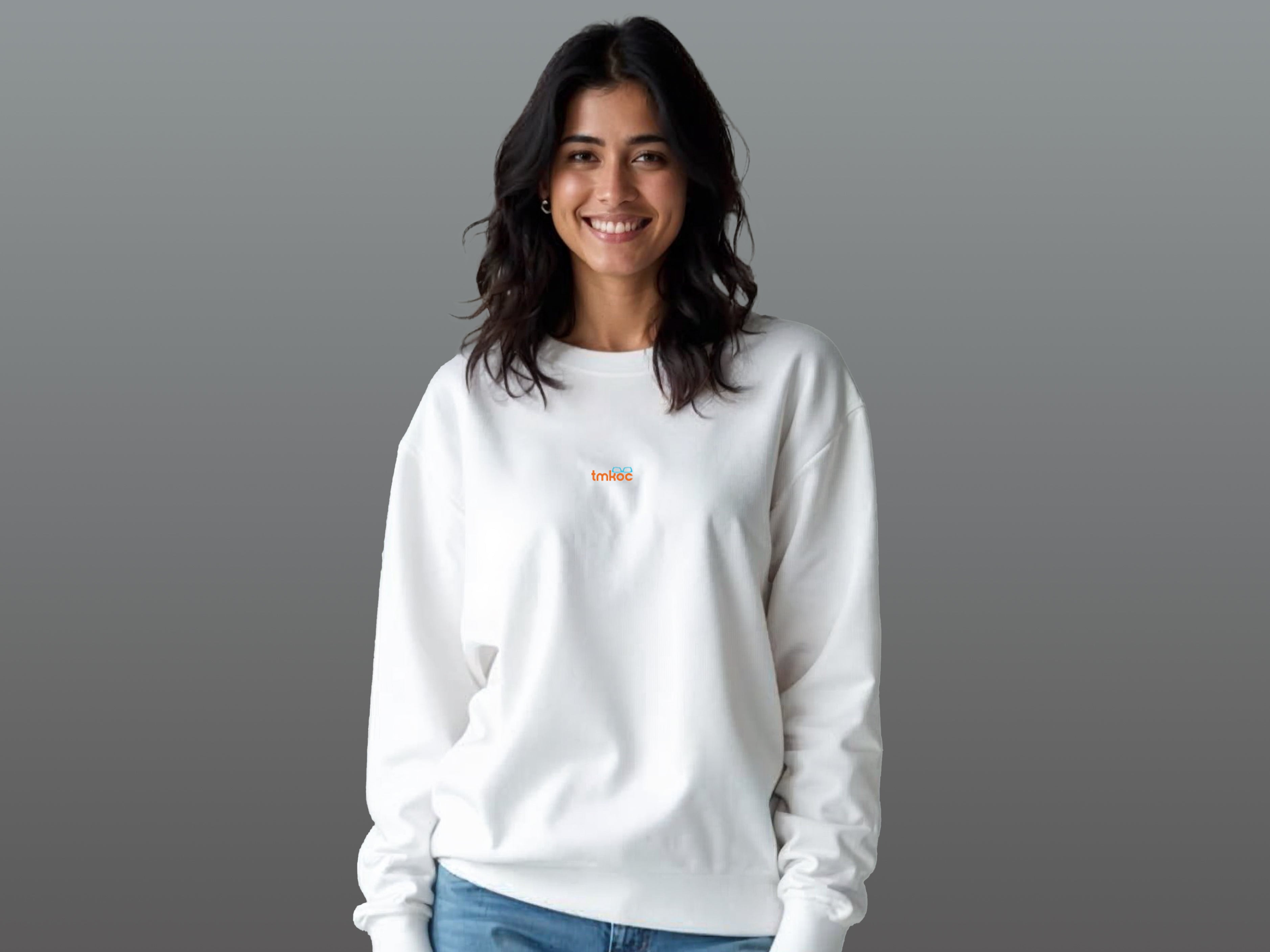 TMKOC White Printed Crew Neck Sweatshirt Cotton 240 GSM