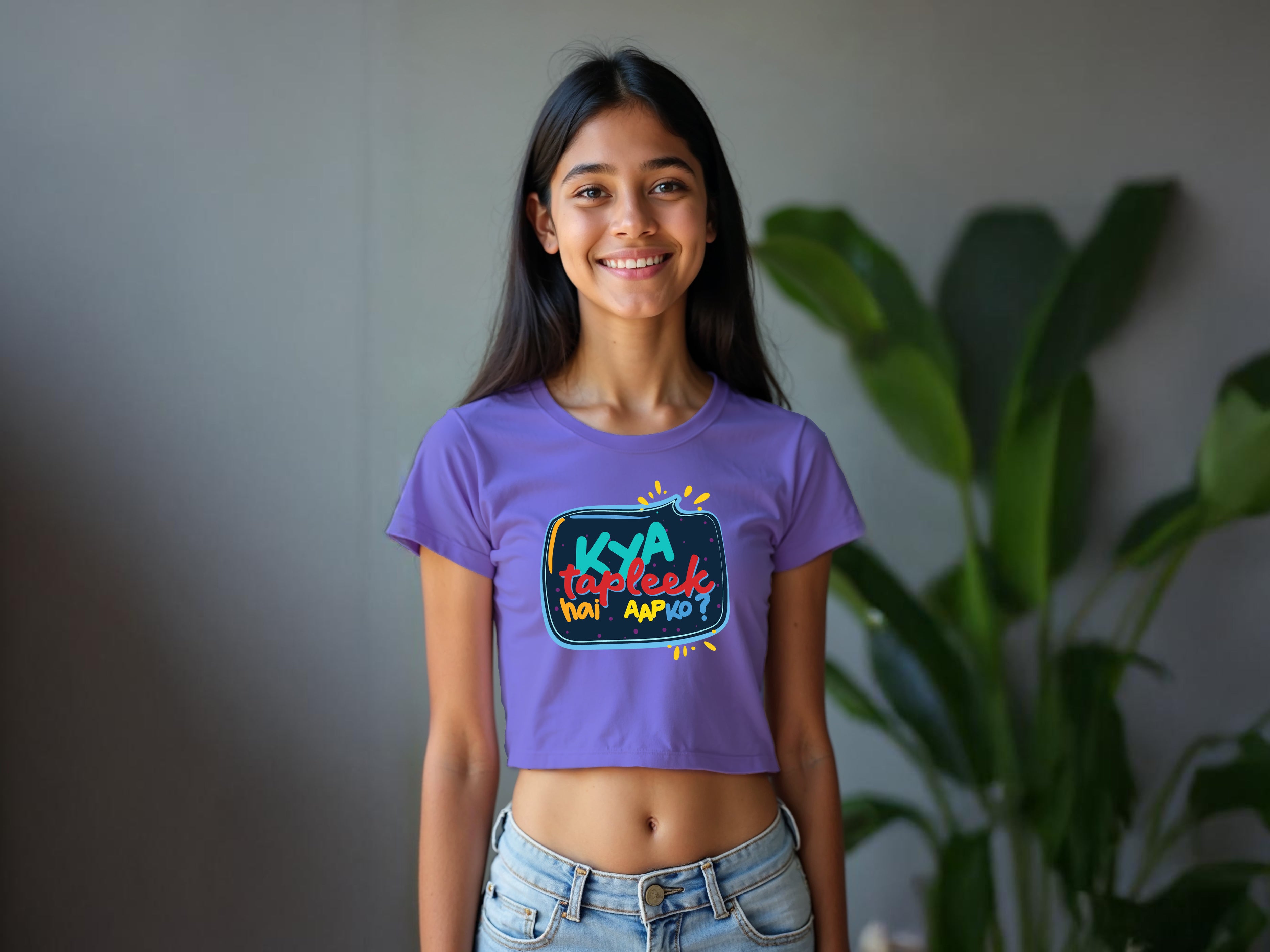 Lavender Teens Printed TMKOC Crop Top For Girl KYA TAPLEEK HAI AAP KO